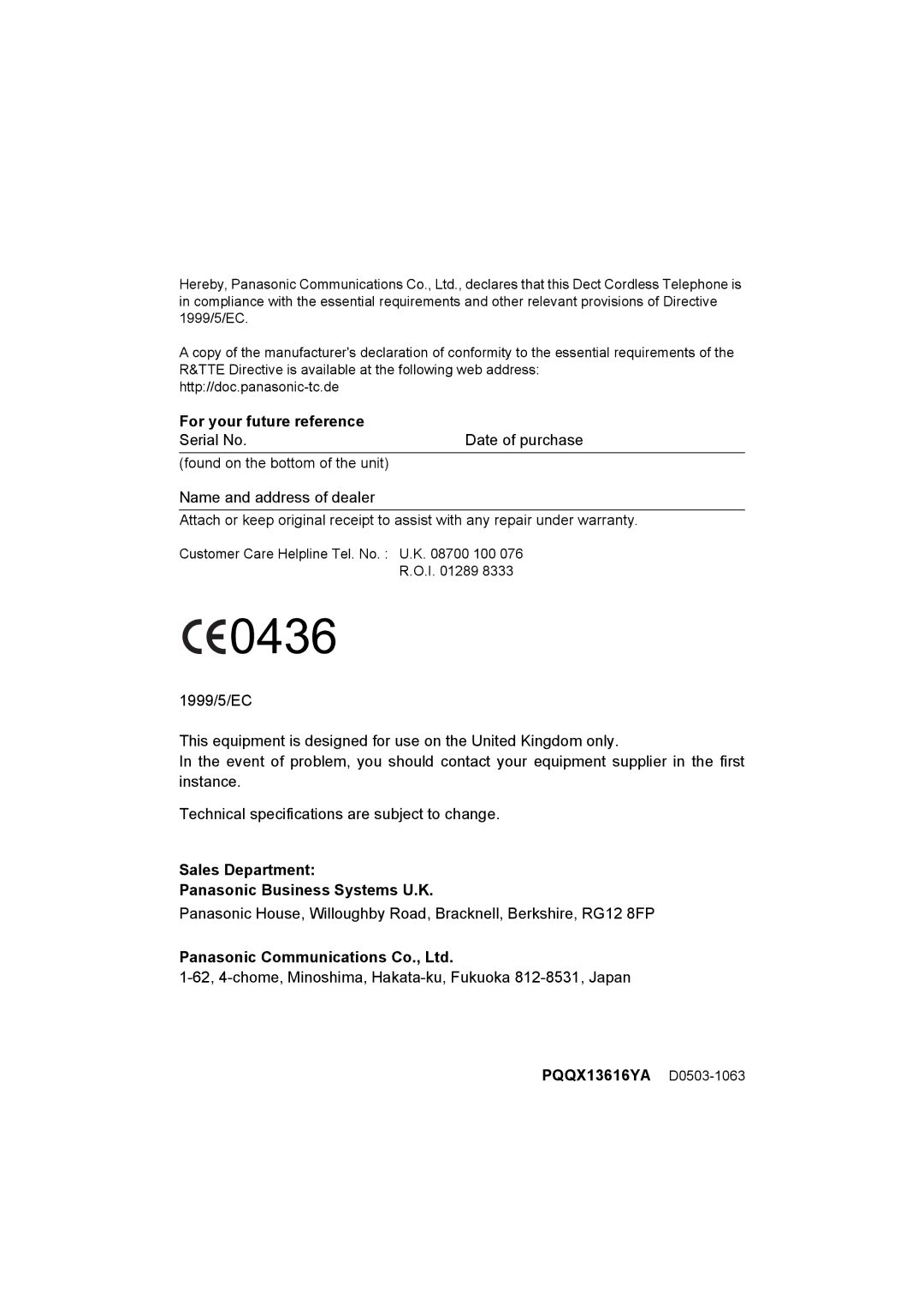 Panasonic KX-TCD515E For your future reference, Sales Department Panasonic Business Systems U.K, PQQX13616YA D0503-1063 