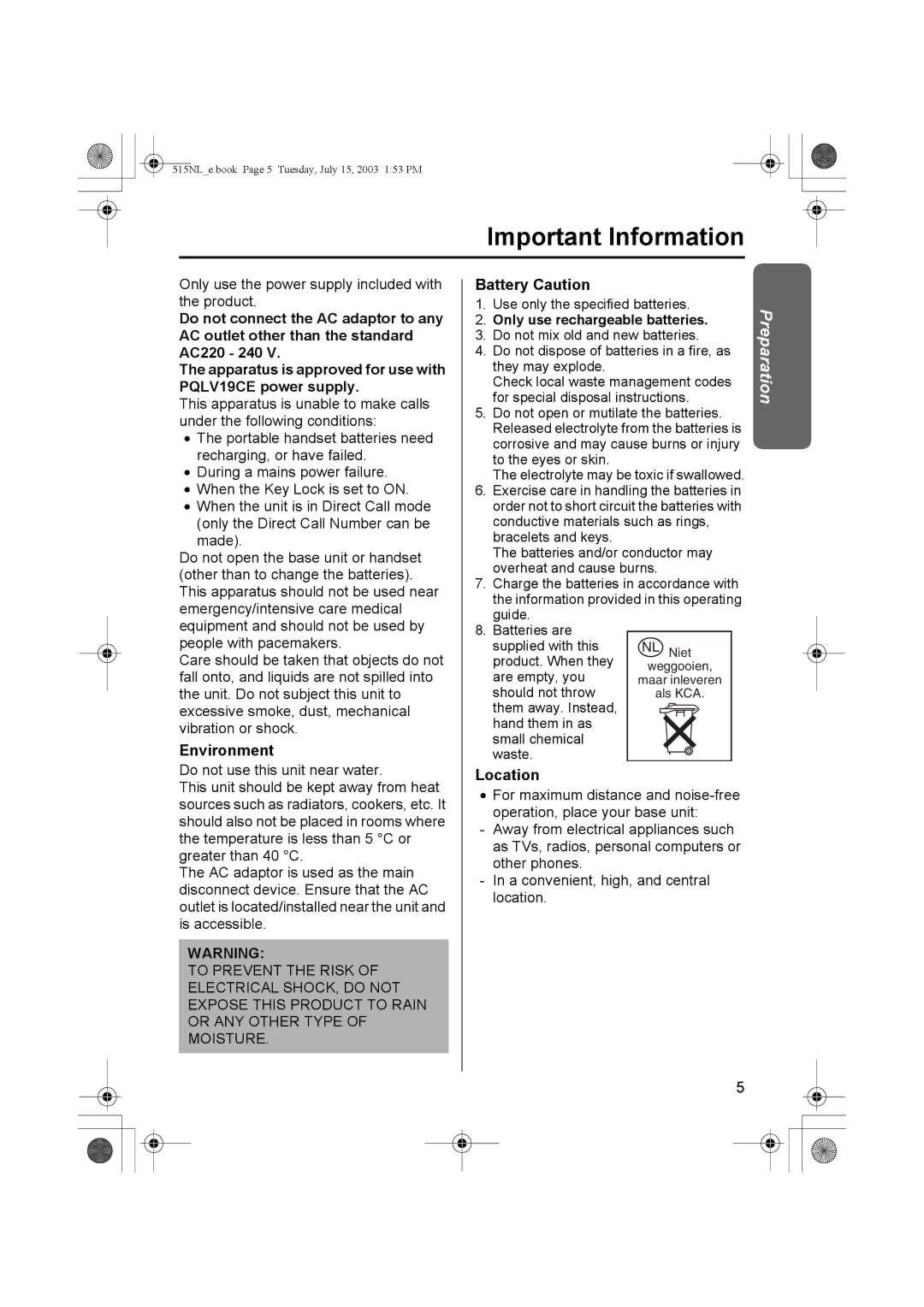 Panasonic KX-TCD515NL operating instructions Important Information, Environment, Battery Caution, Location 