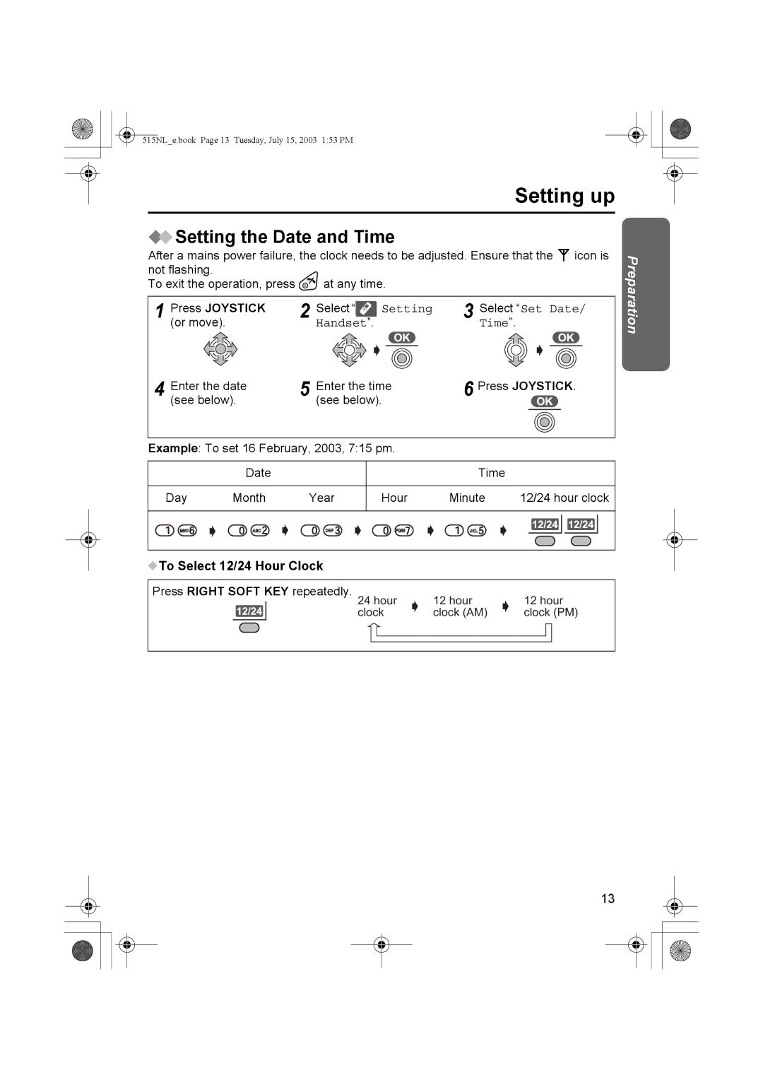 Panasonic KX-TCD515NL operating instructions Setting the Date and Time, Handset Time, To Select 12/24 Hour Clock 