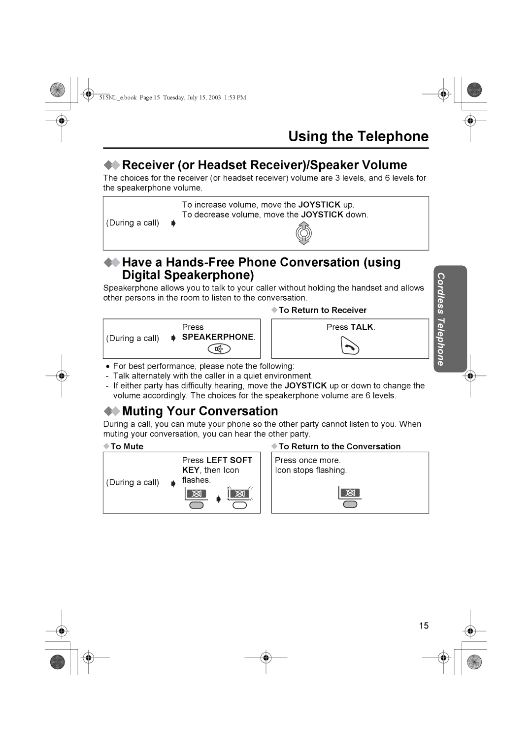 Panasonic KX-TCD515NL Receiver or Headset Receiver/Speaker Volume, Muting Your Conversation, To Return to Receiver 