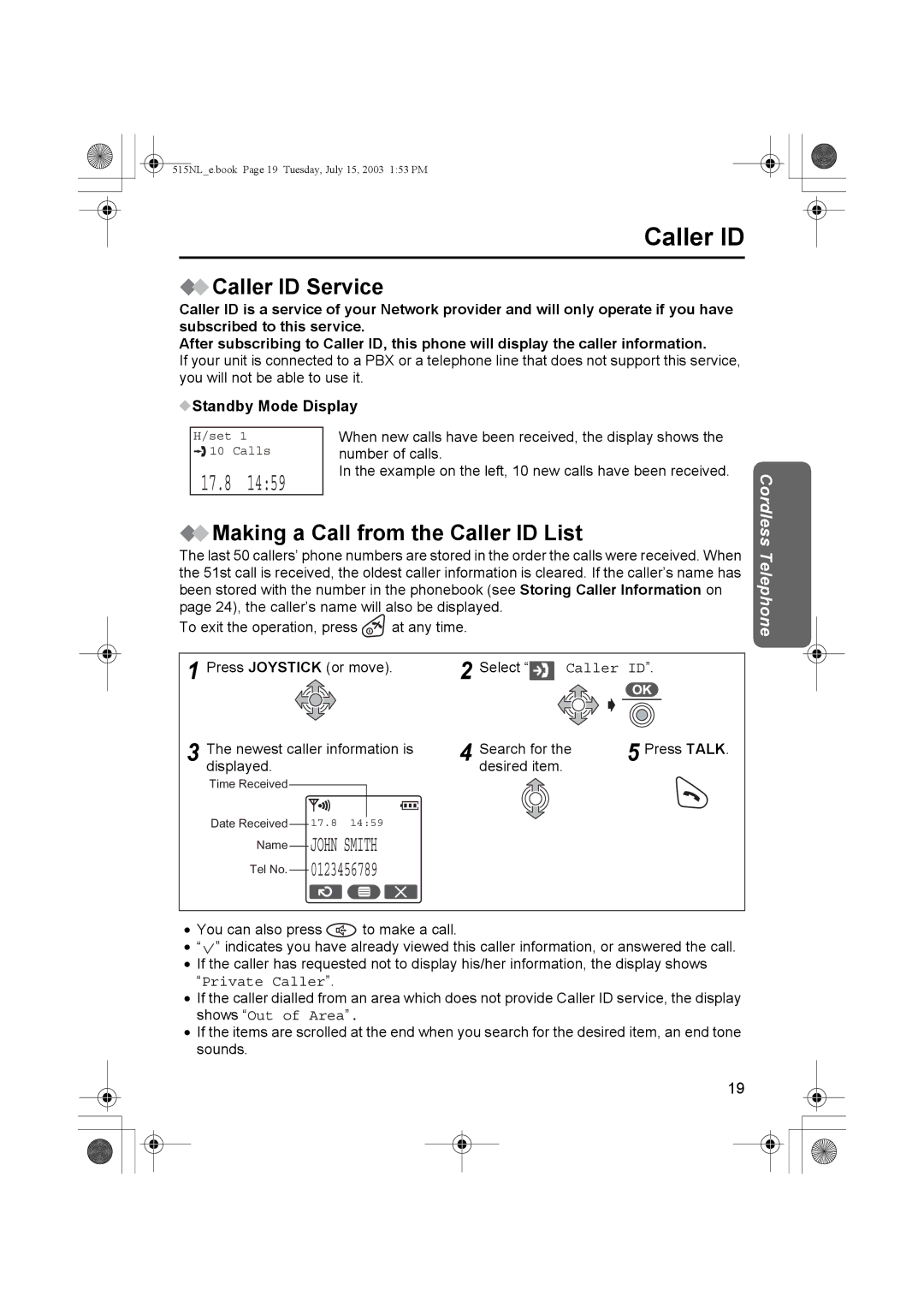 Panasonic KX-TCD515NL Caller ID Service, Making a Call from the Caller ID List, Standby Mode Display 