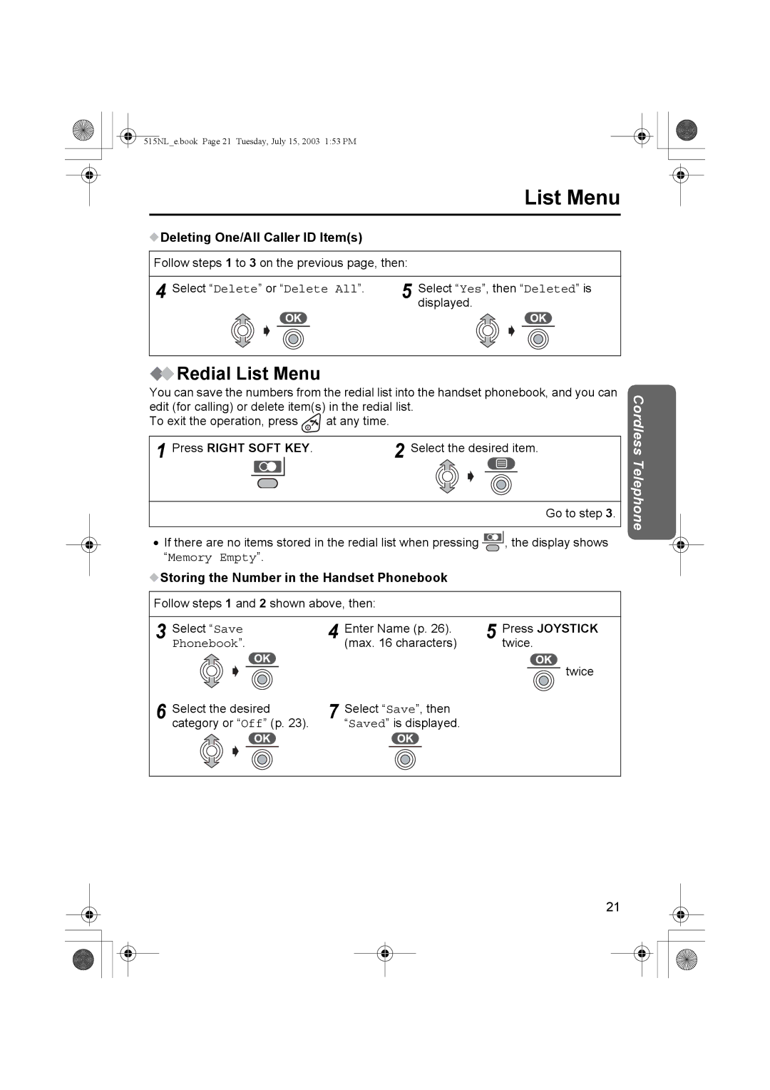 Panasonic KX-TCD515NL operating instructions Redial List Menu, Deleting One/All Caller ID Items 