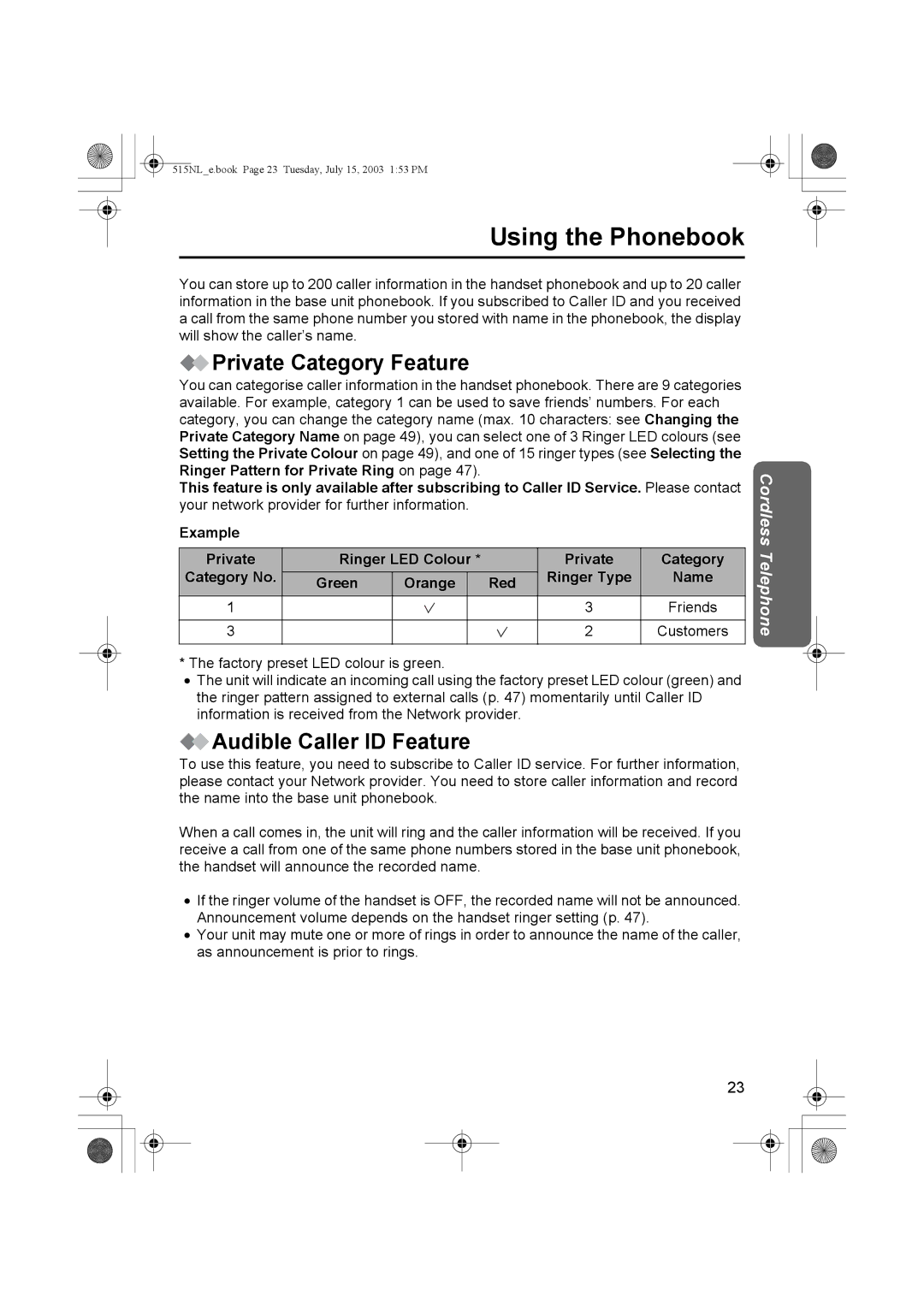 Panasonic KX-TCD515NL Using the Phonebook, Private Category Feature, Audible Caller ID Feature, Green Orange Red 