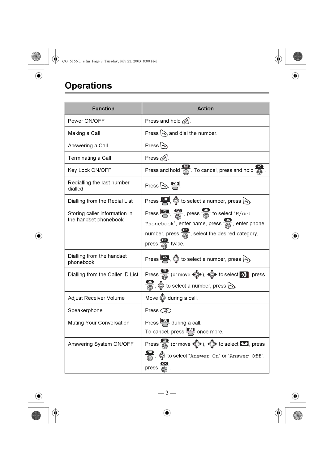 Panasonic KX-TCD515NL operating instructions Operations, Function Action 