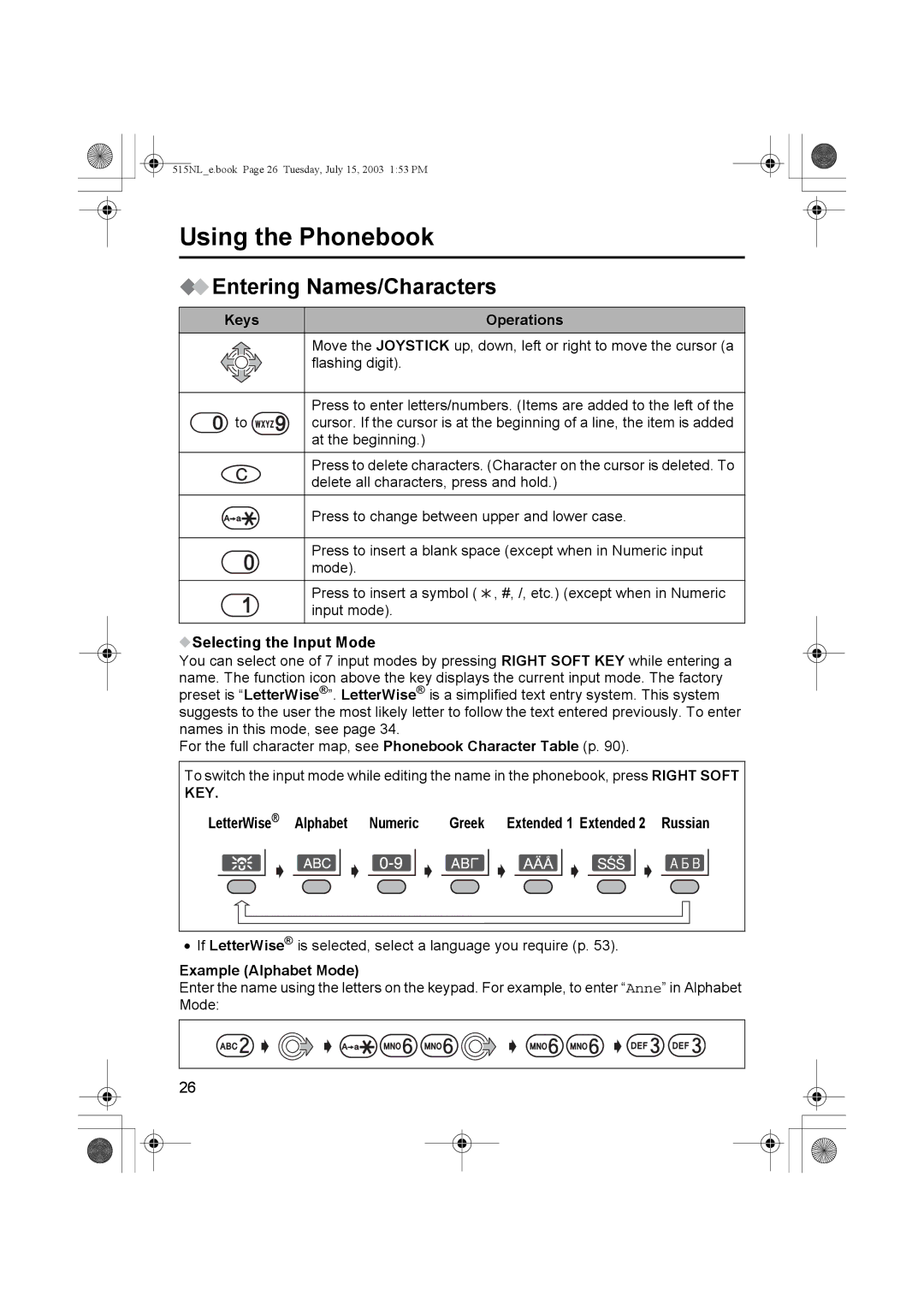 Panasonic KX-TCD515NL Entering Names/Characters, Keys Operations, Selecting the Input Mode, Alphabet Numeric Greek 