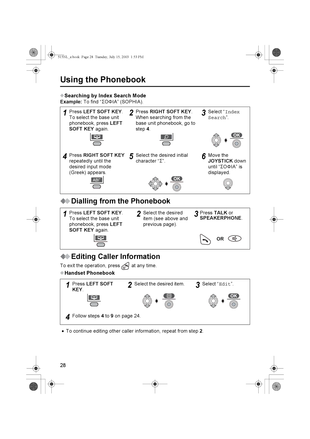 Panasonic KX-TCD515NL Dialling from the Phonebook, Editing Caller Information, Searching by Index Search Mode 