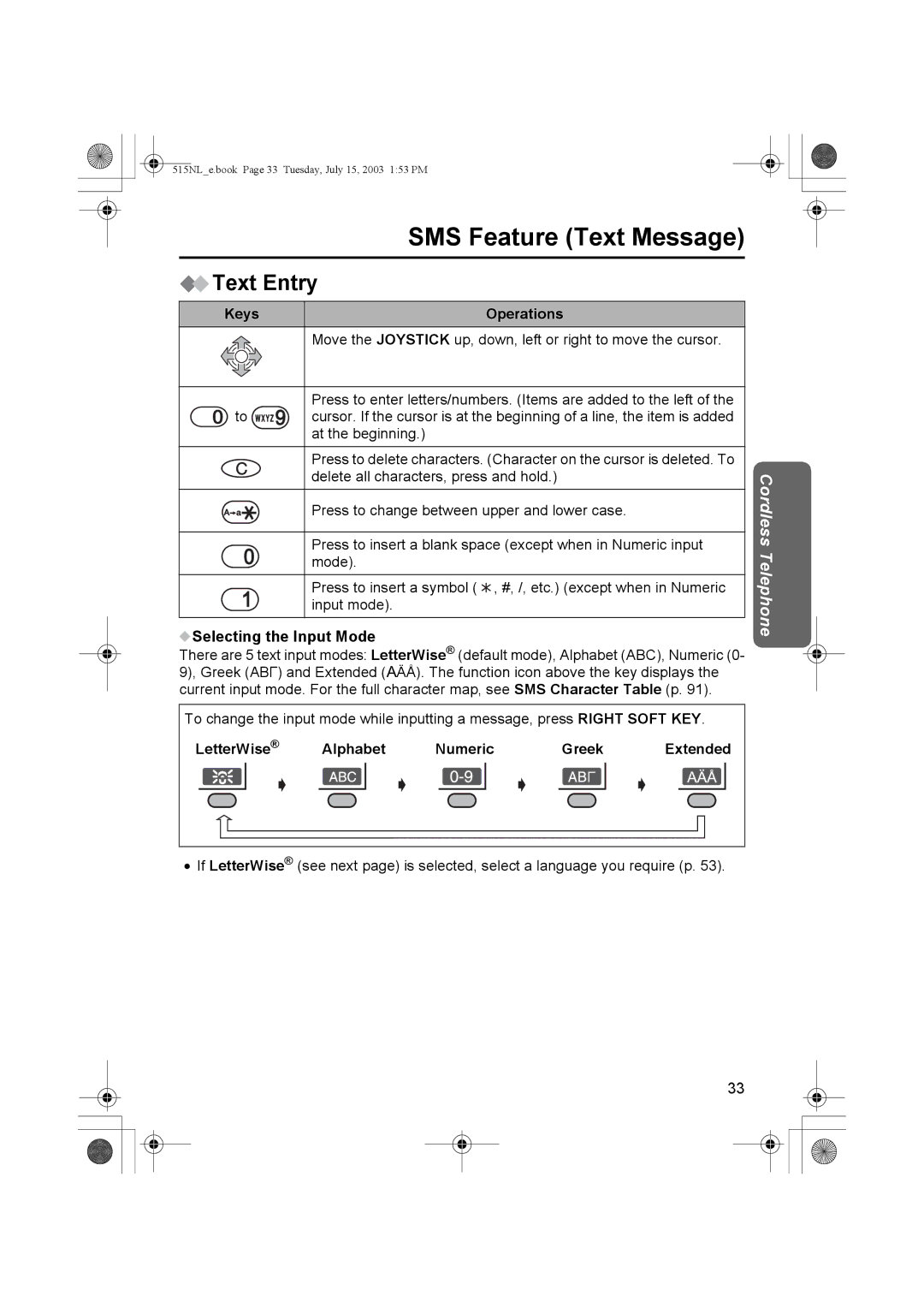 Panasonic KX-TCD515NL operating instructions Text Entry, LetterWise Alphabet Numeric Greek 