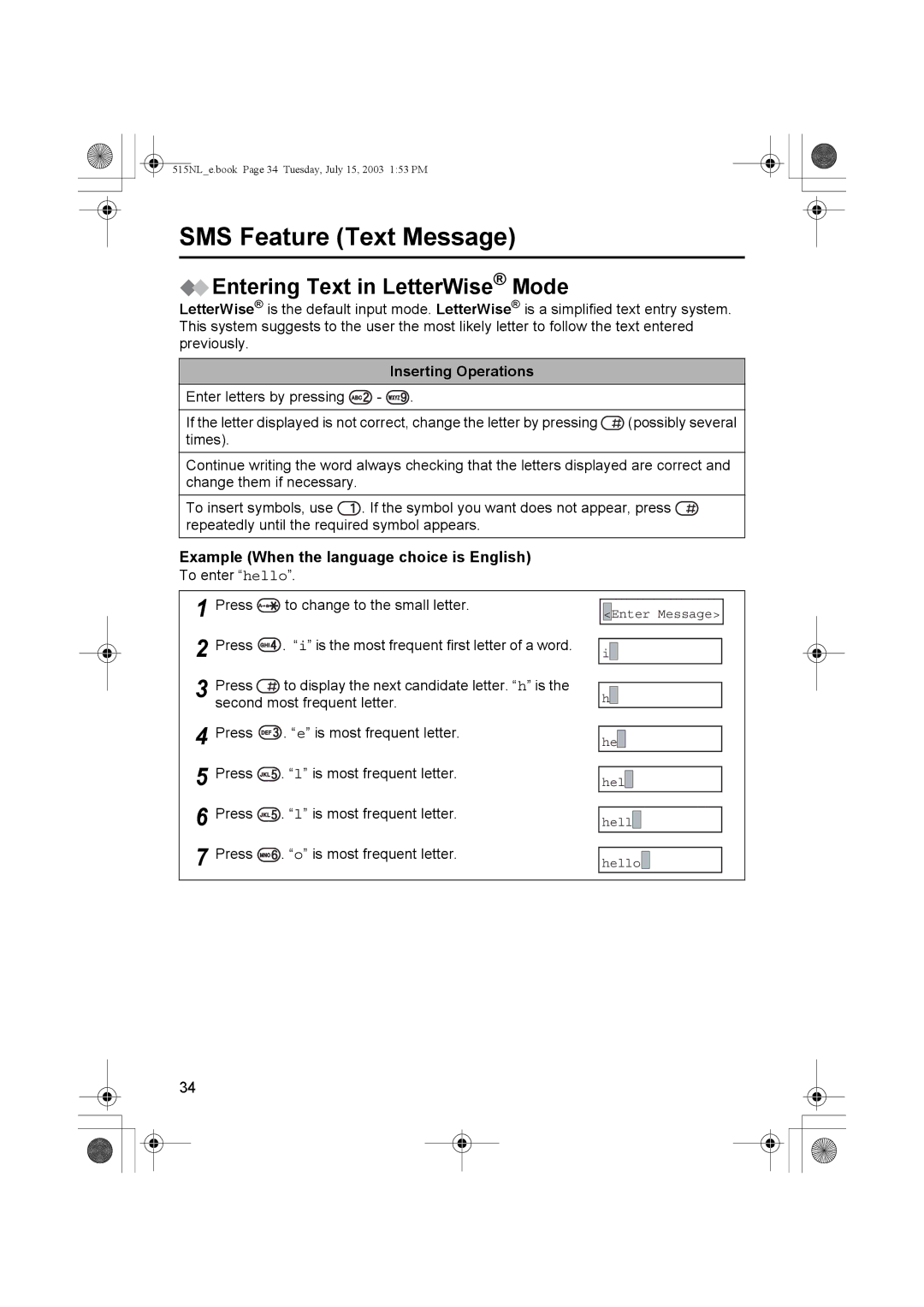 Panasonic KX-TCD515NL Entering Text in LetterWise Mode, Inserting Operations, Example When the language choice is English 