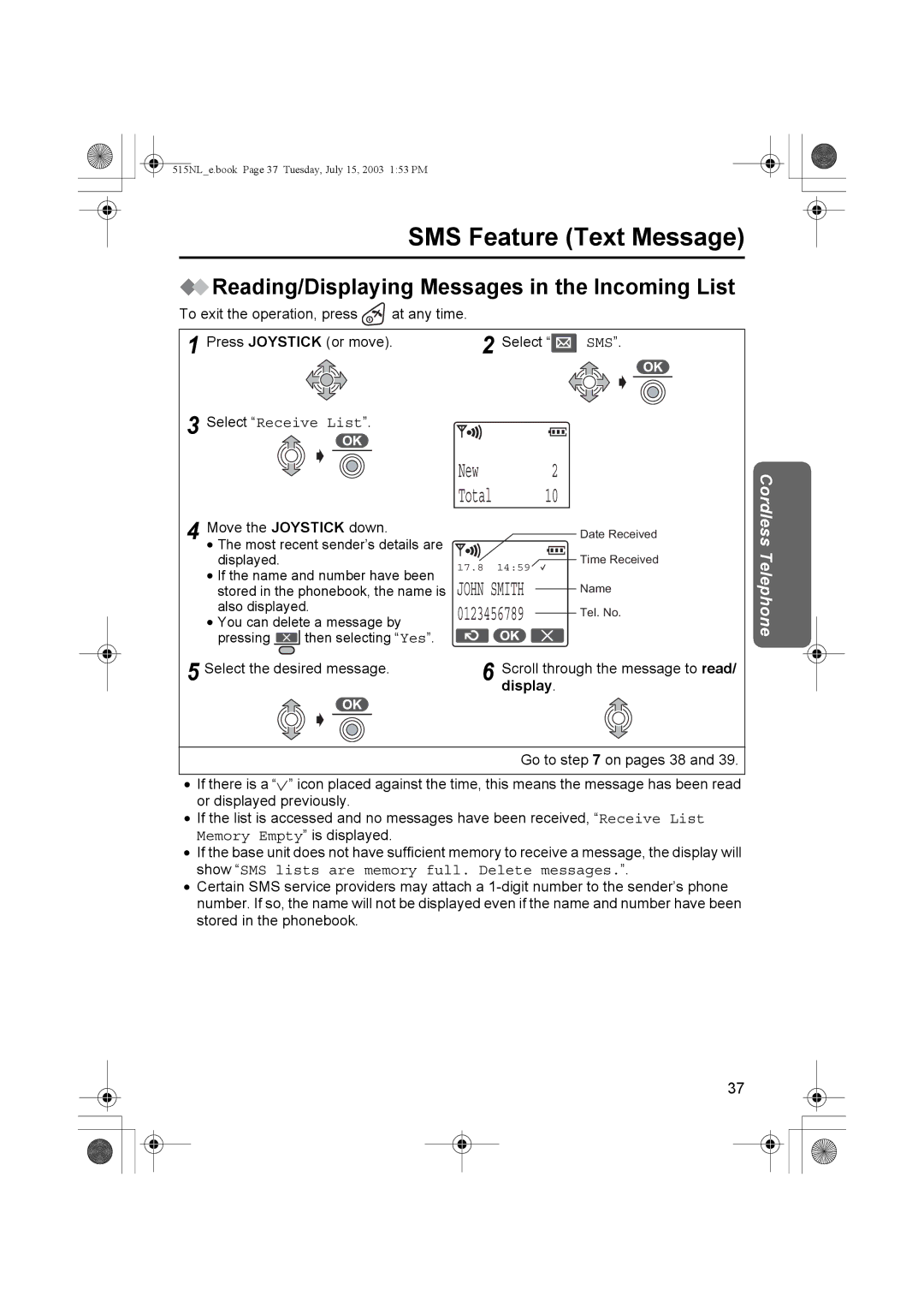 Panasonic KX-TCD515NL operating instructions Reading/Displaying Messages in the Incoming List, Select Receive List 