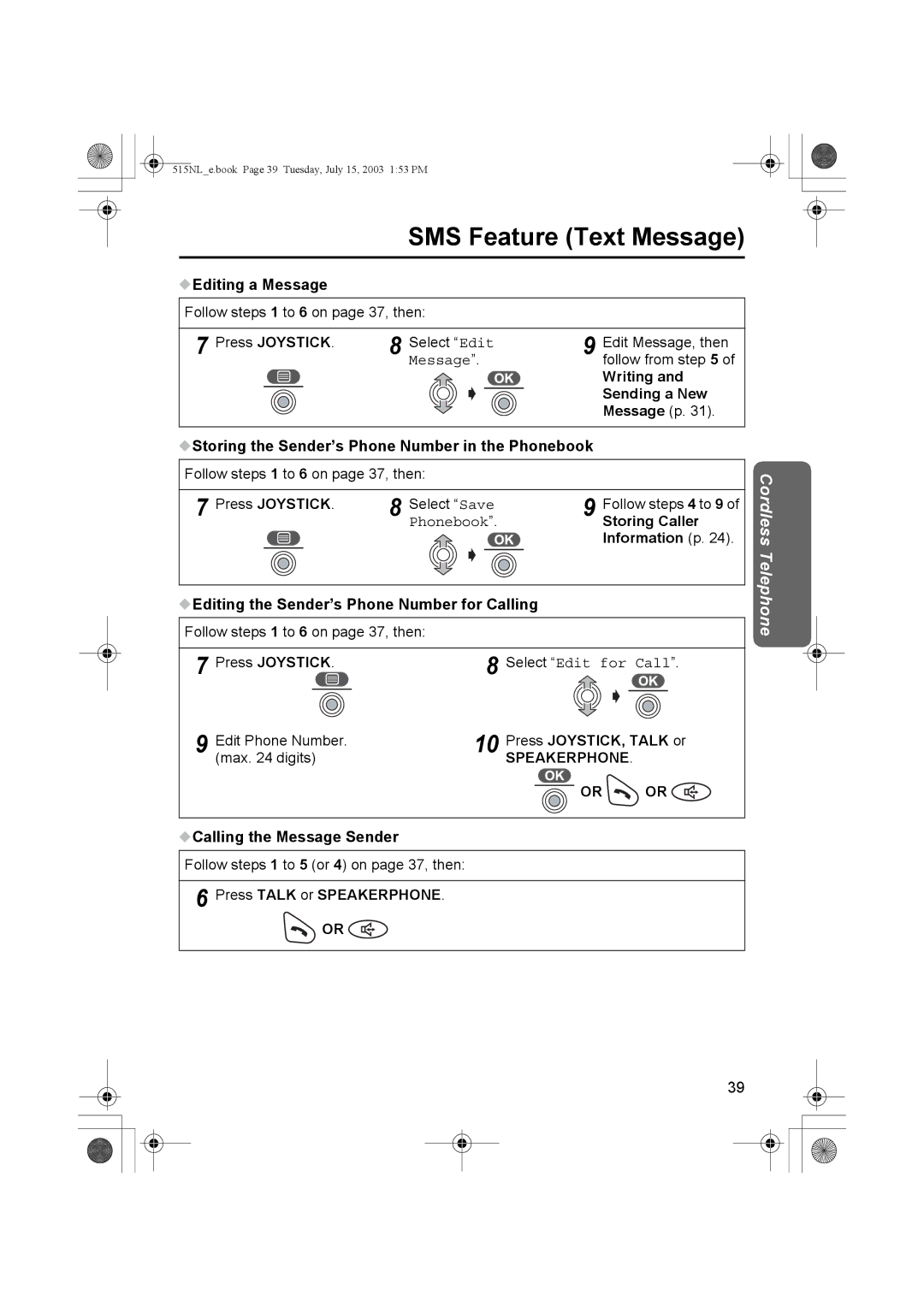 Panasonic KX-TCD515NL Message, Storing Caller, Information p Editing the Sender’s Phone Number for Calling 