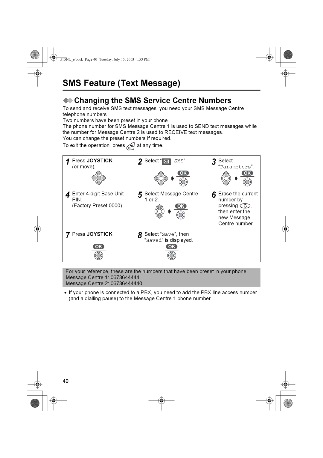 Panasonic KX-TCD515NL operating instructions Changing the SMS Service Centre Numbers, Parameters 