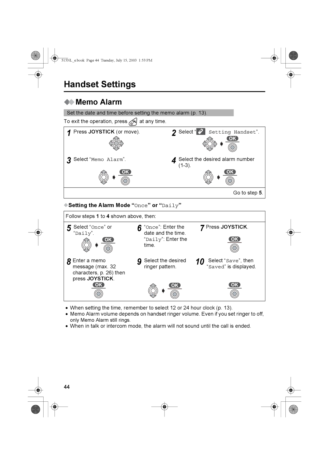 Panasonic KX-TCD515NL operating instructions Handset Settings, Memo Alarm, Setting the Alarm Mode Once or Daily 