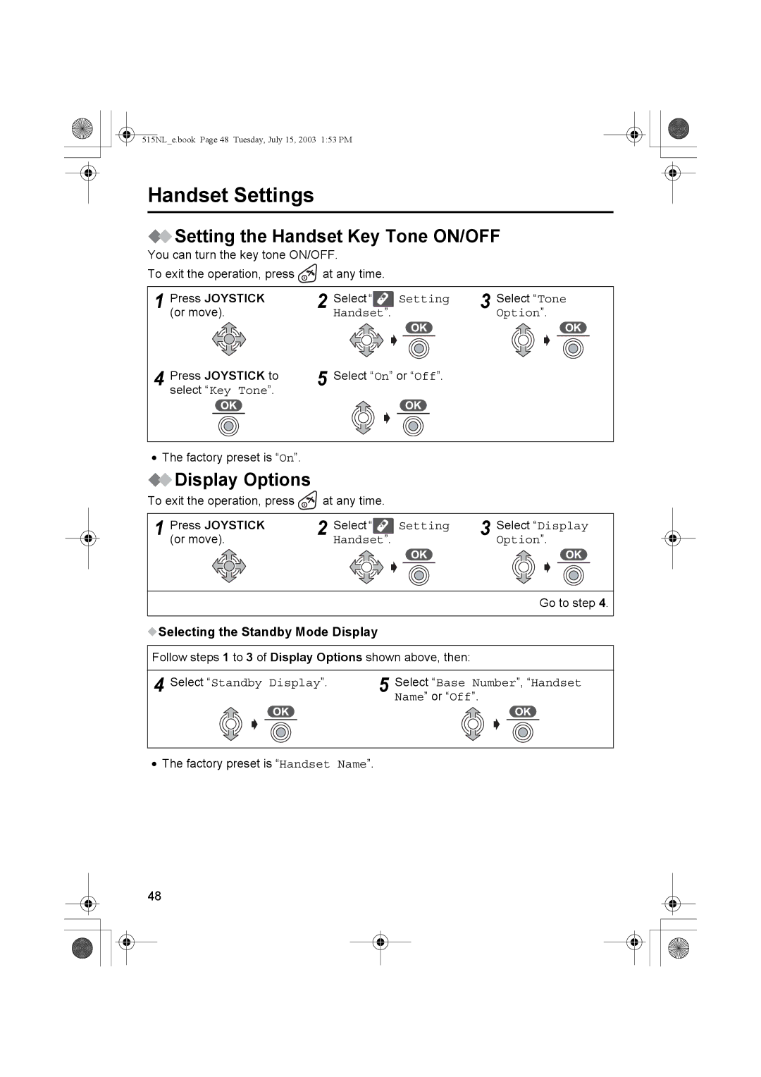 Panasonic KX-TCD515NL operating instructions Setting the Handset Key Tone ON/OFF, Display Options, Press Joystick to 