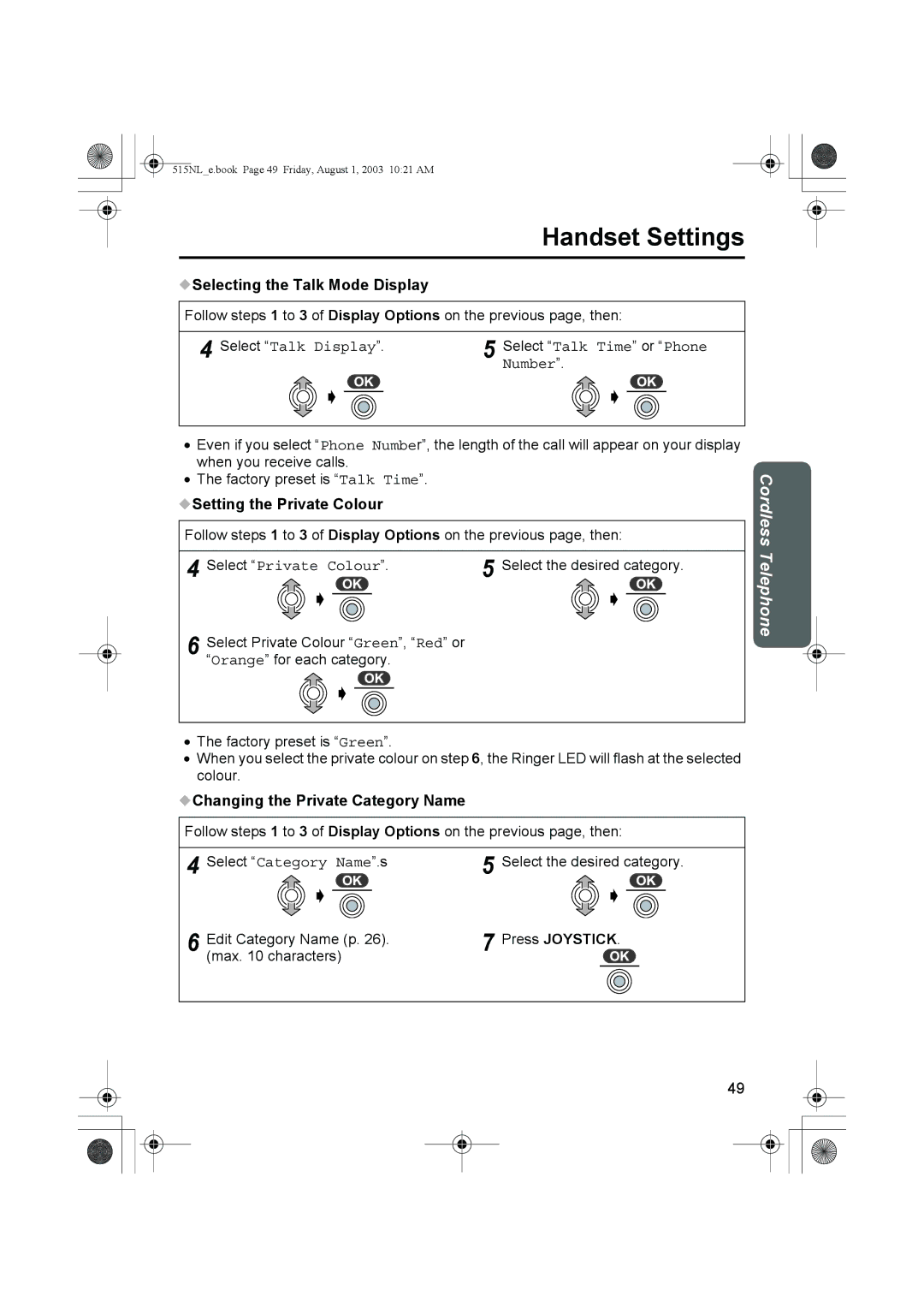 Panasonic KX-TCD515NL Selecting the Talk Mode Display, Setting the Private Colour, Changing the Private Category Name 