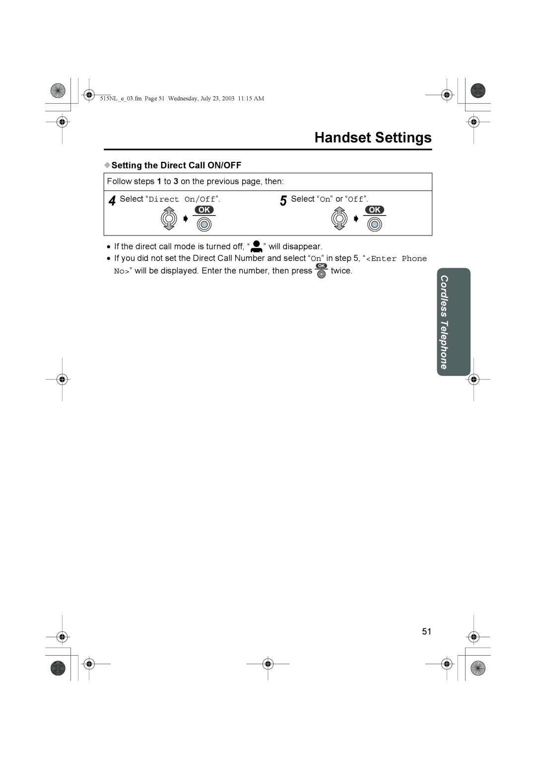 Panasonic KX-TCD515NL operating instructions Setting the Direct Call ON/OFF, Select Direct On/Off 