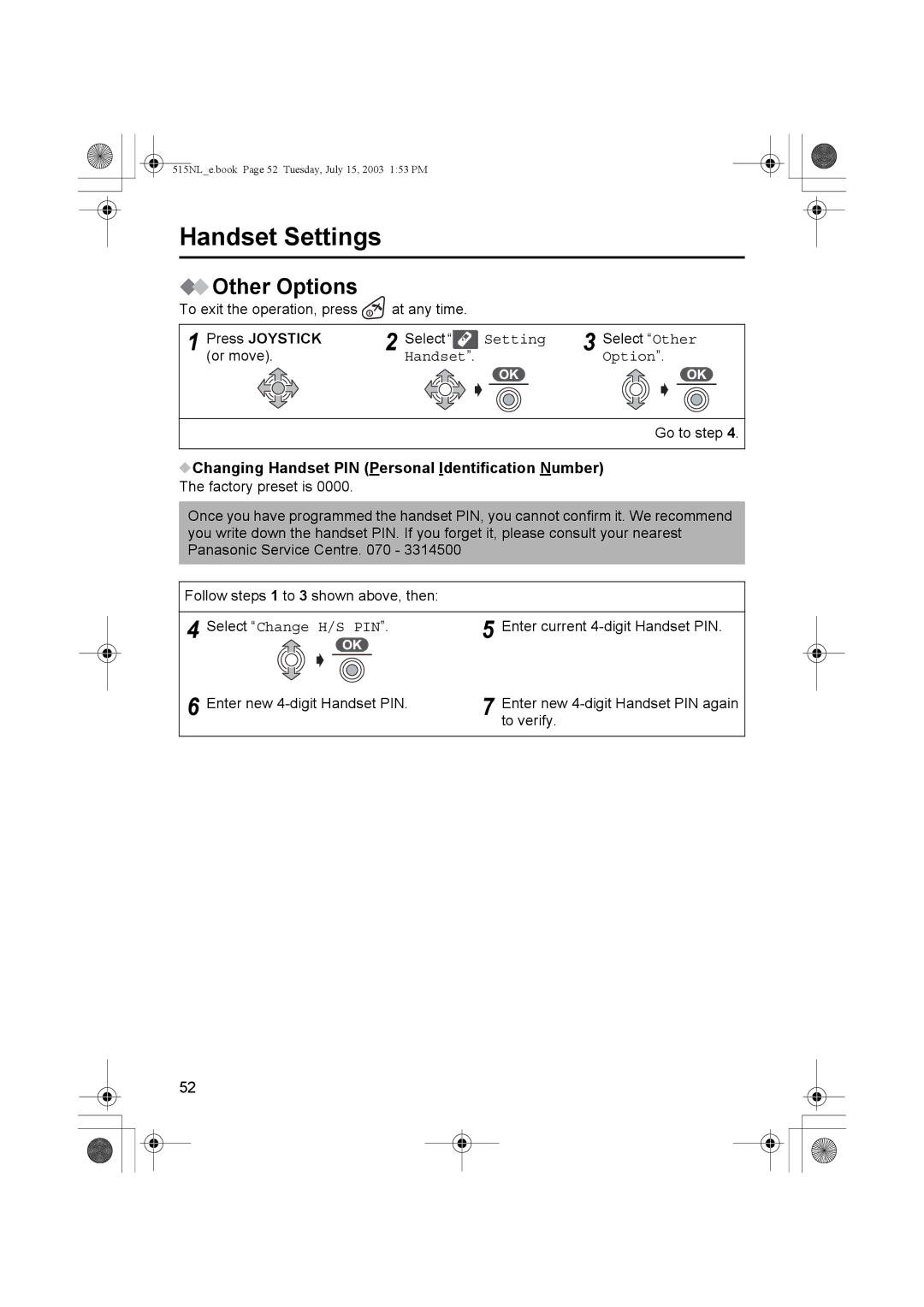 Panasonic KX-TCD515NL Other Options, Changing Handset PIN Personal Identification Number, Select Change H/S PIN 