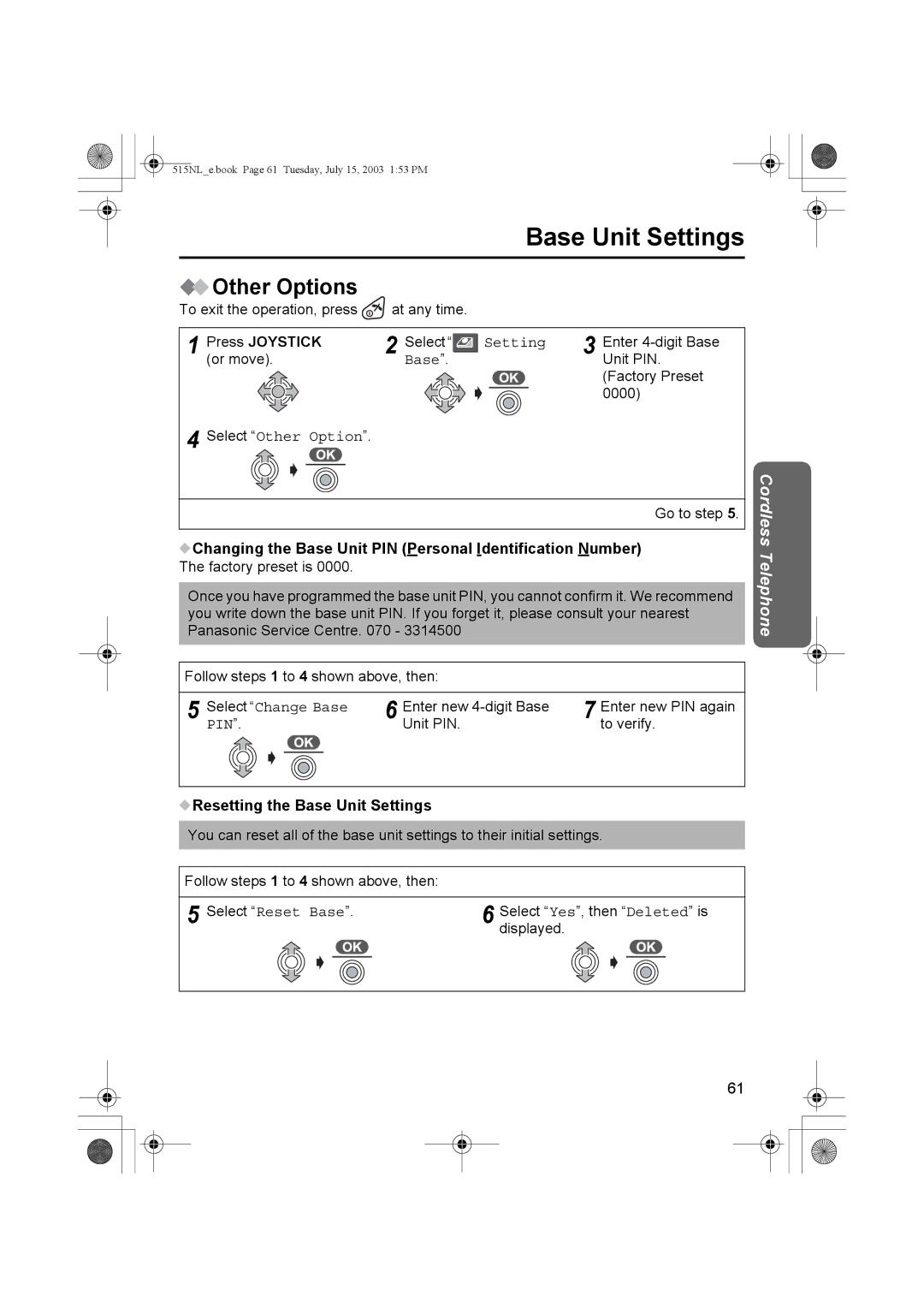 Panasonic KX-TCD515NL Changing the Base Unit PIN Personal Identification Number, Select Change Base, Pin 