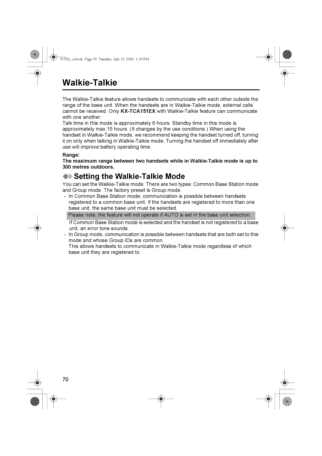 Panasonic KX-TCD515NL operating instructions Setting the Walkie-Talkie Mode 