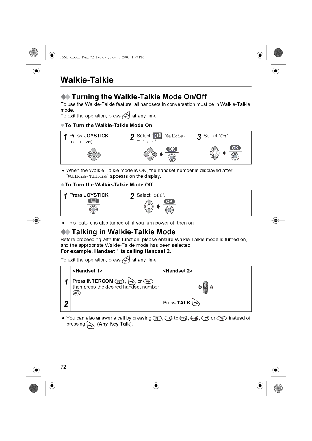 Panasonic KX-TCD515NL operating instructions Turning the Walkie-Talkie Mode On/Off, Talking in Walkie-Talkie Mode 