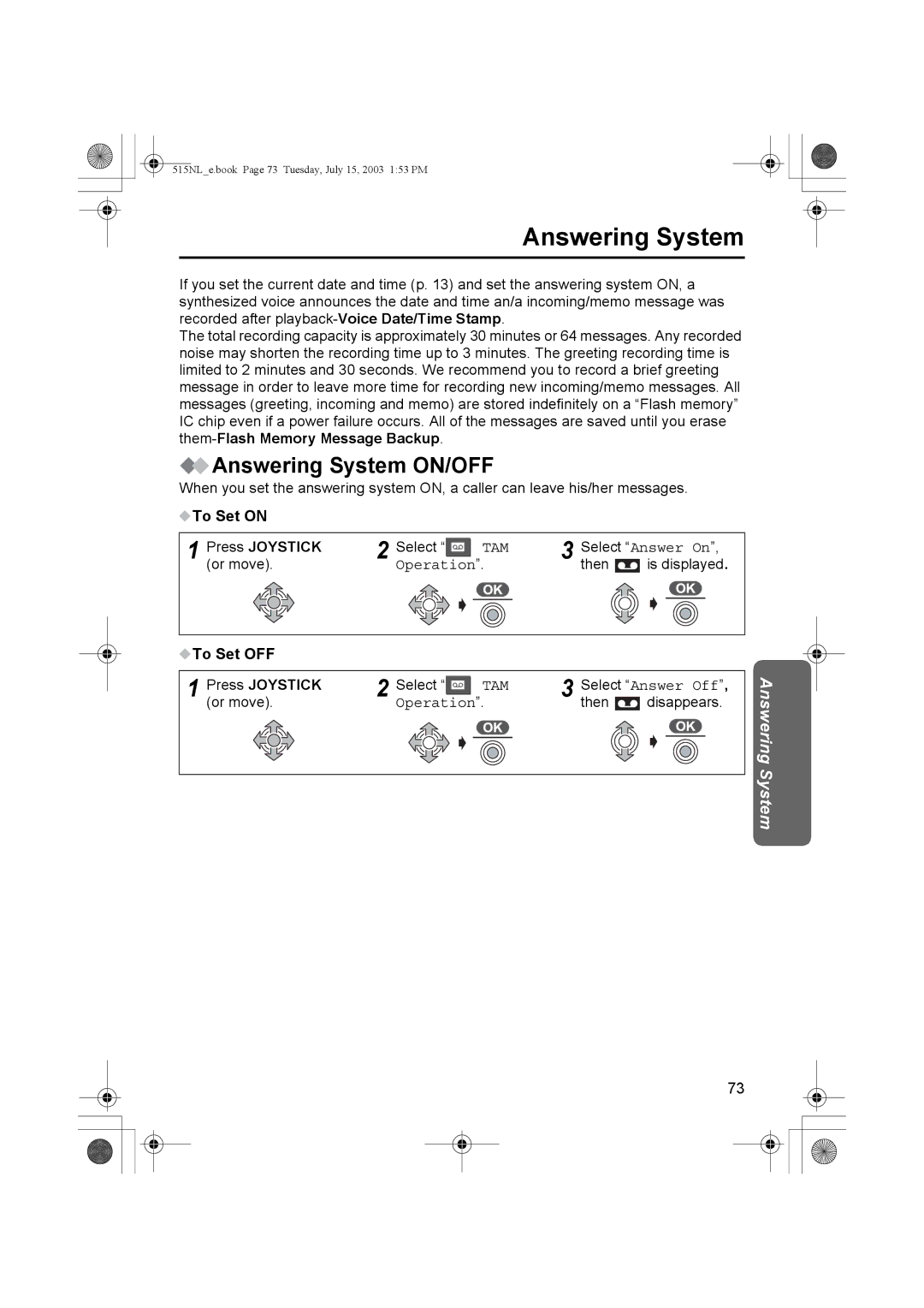 Panasonic KX-TCD515NL Answering System ON/OFF, To Set on Press Joystick, To Set OFF Press Joystick, Select Answer Off 