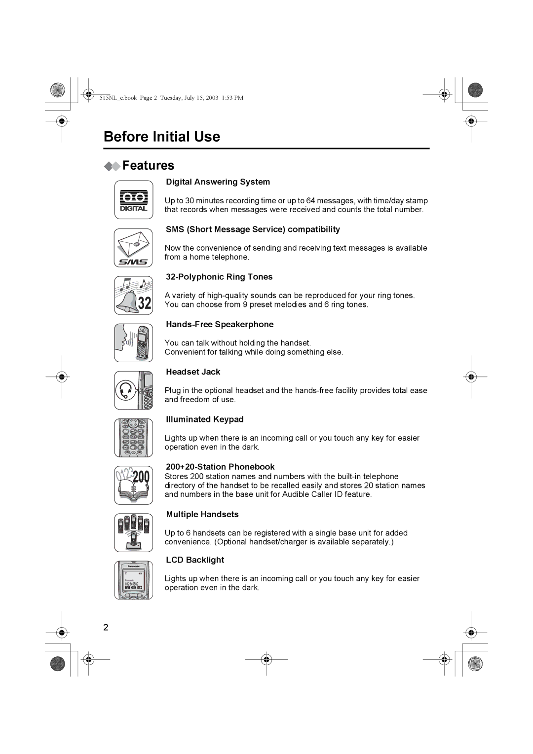 Panasonic KX-TCD515NL operating instructions Features 