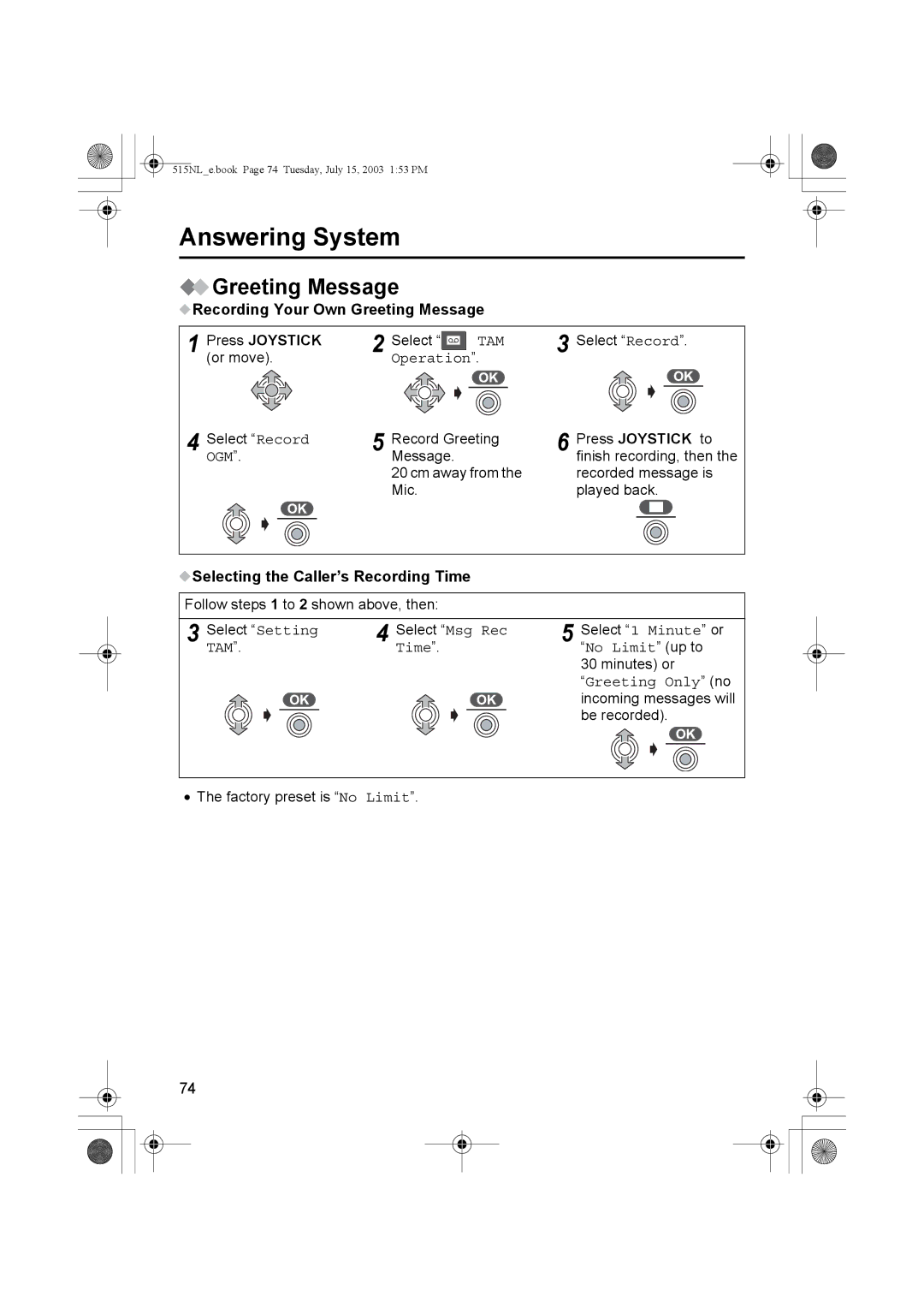 Panasonic KX-TCD515NL Recording Your Own Greeting Message Press Joystick, Selecting the Caller’s Recording Time 