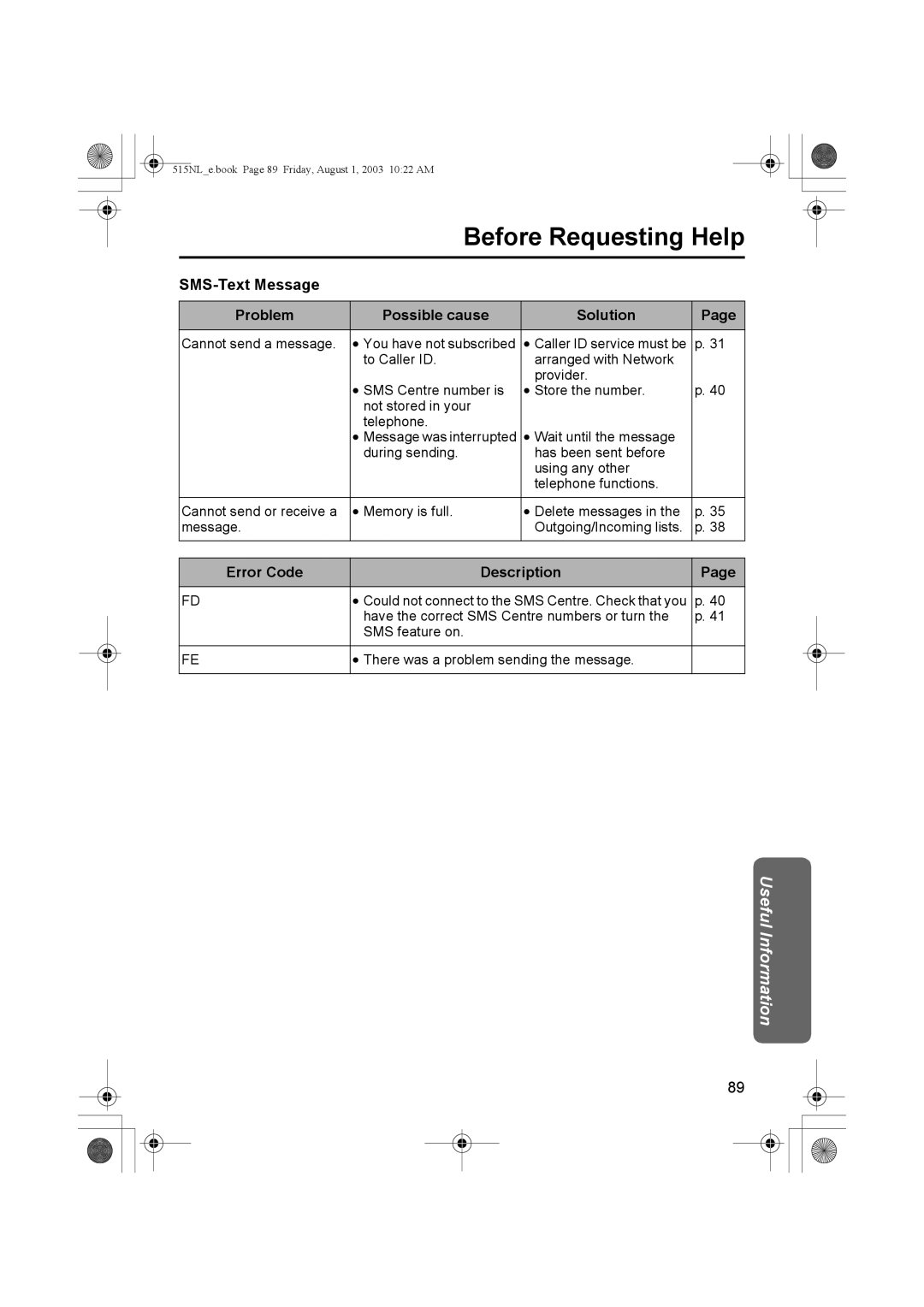 Panasonic KX-TCD515NL operating instructions SMS-Text Message Problem Possible cause Solution, Error Code Description 