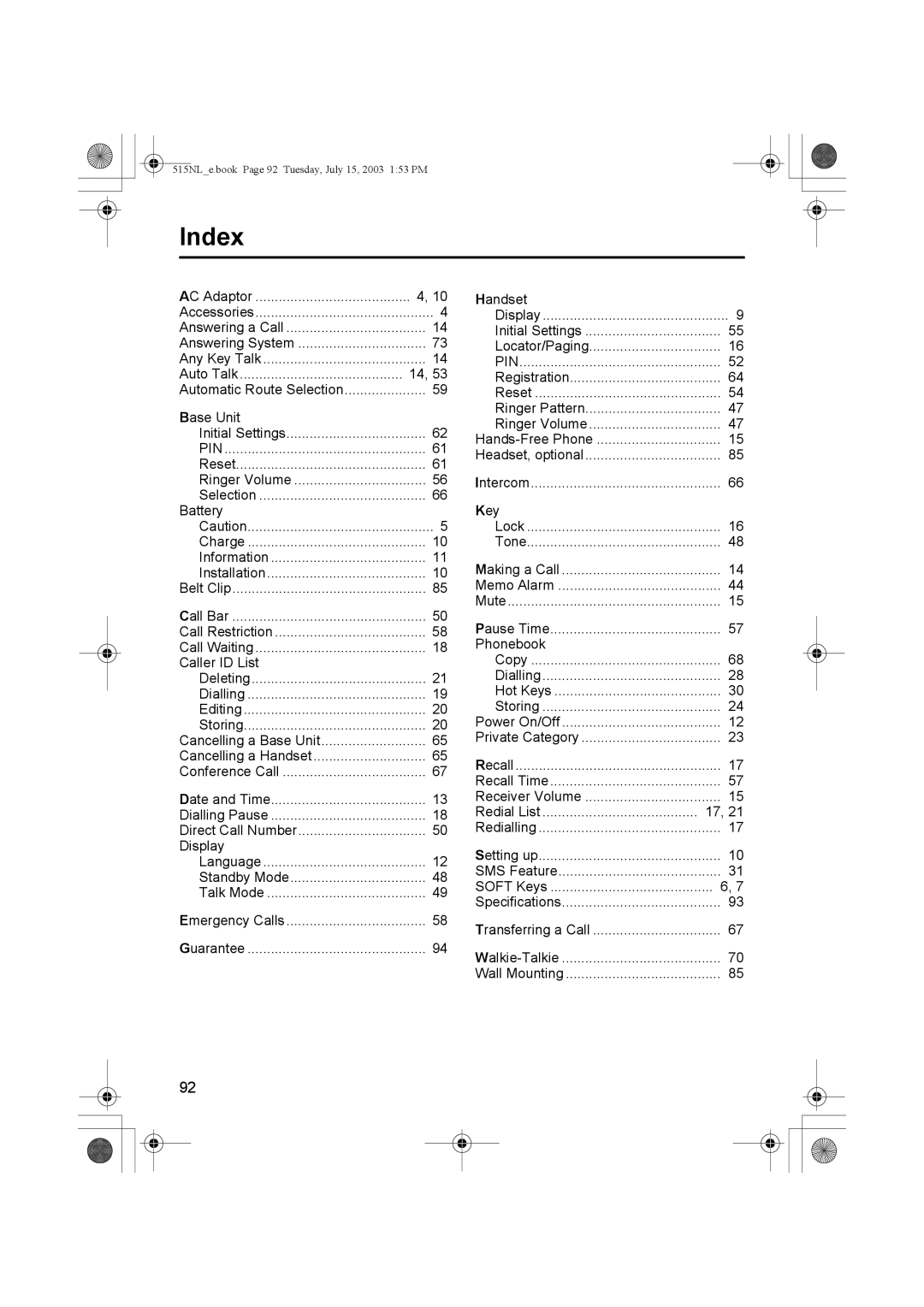 Panasonic KX-TCD515NL operating instructions Index, Pin 