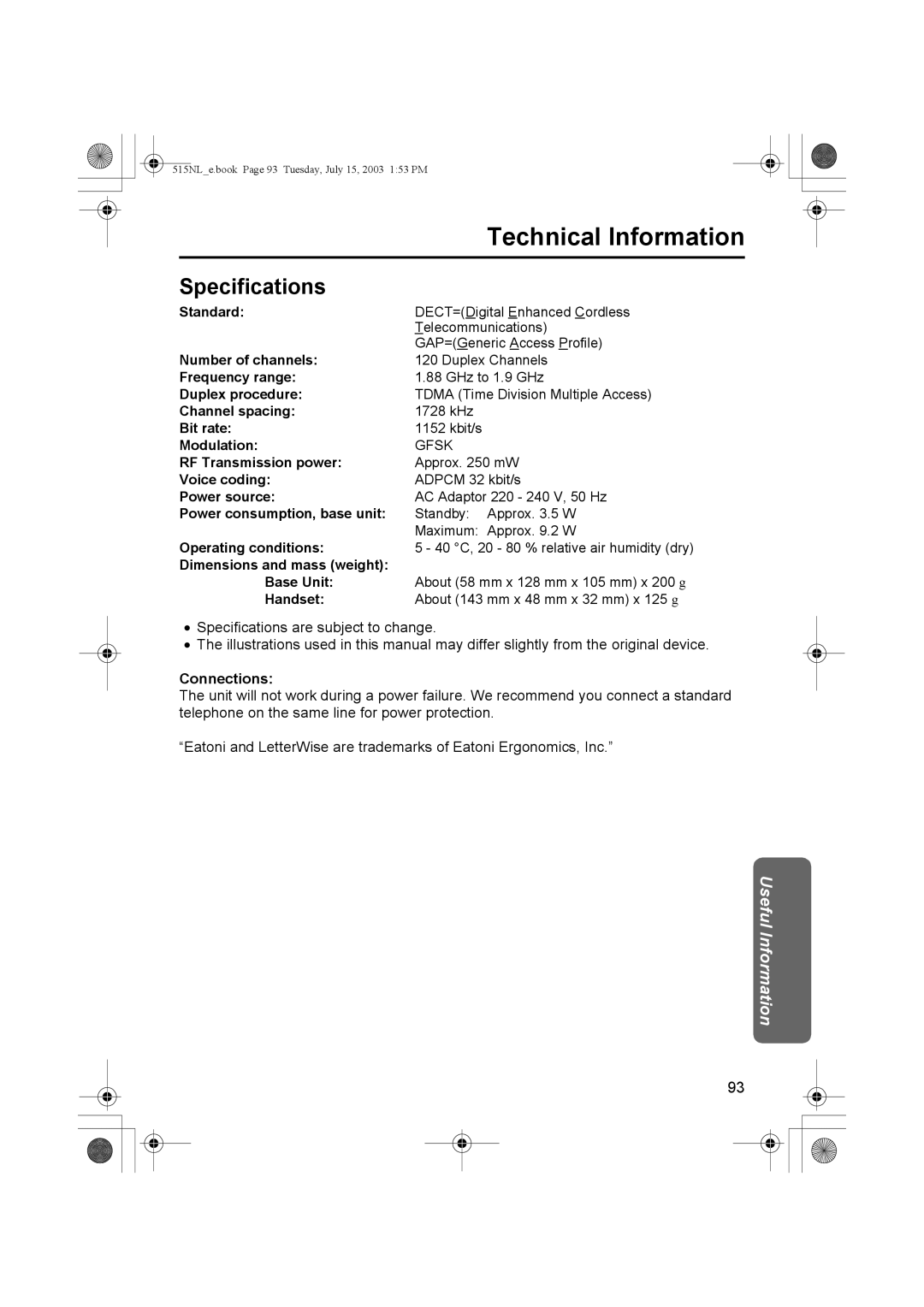 Panasonic KX-TCD515NL operating instructions Technical Information, Specifications, Connections 