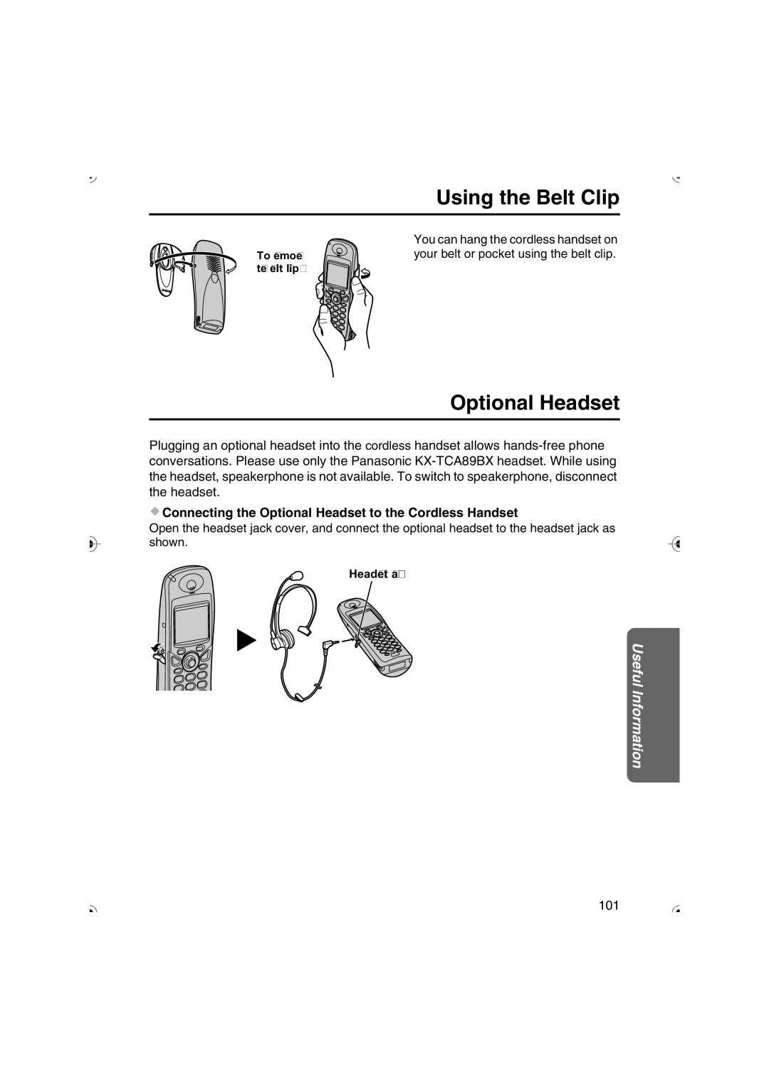 Panasonic KX-TCD535HK Using the Belt Clip, Connecting the Optional Headset to the Cordless Handset 