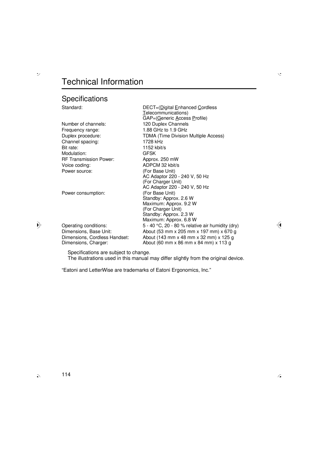 Panasonic KX-TCD535HK operating instructions Technical Information, Specifications 