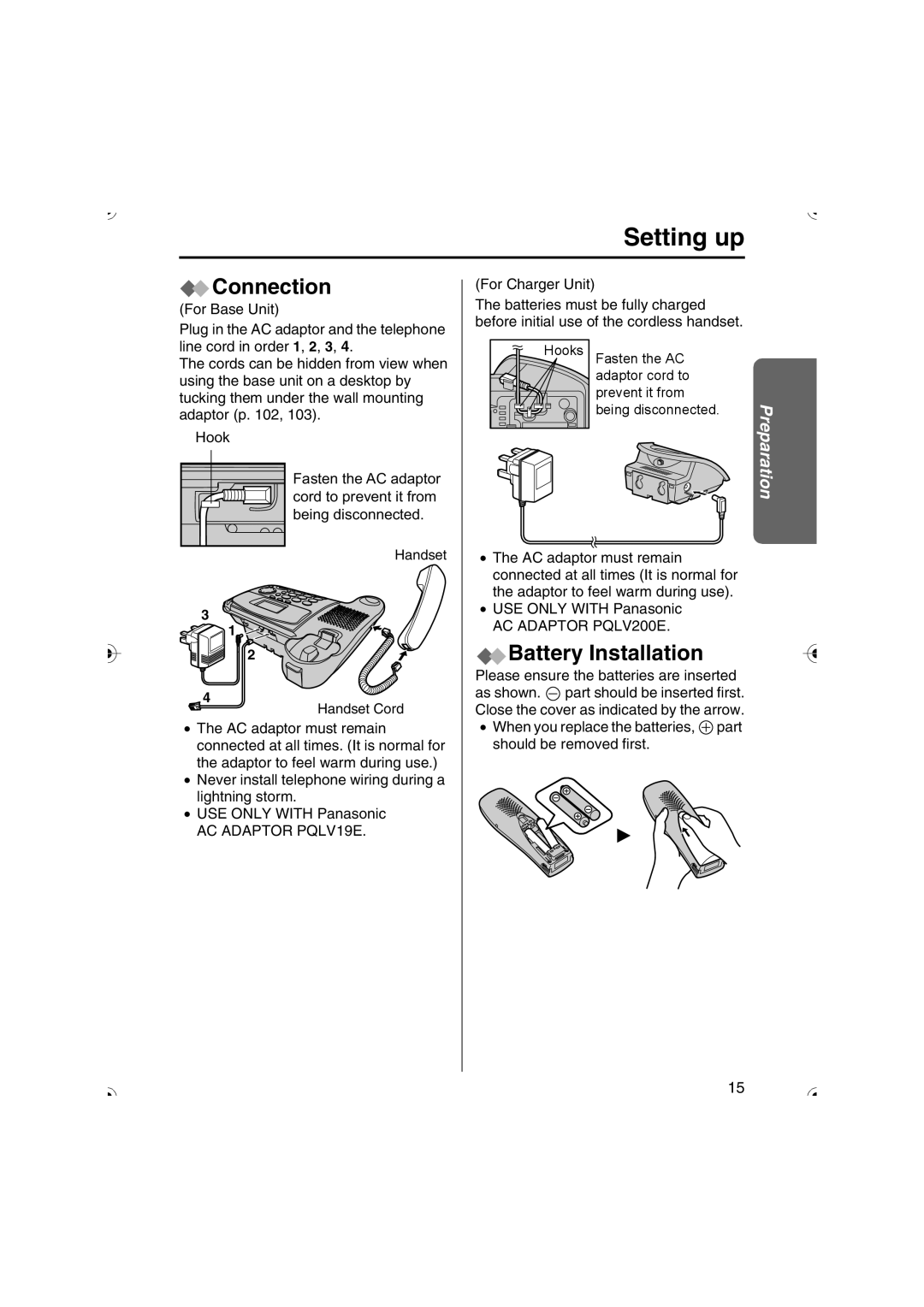 Panasonic KX-TCD535HK operating instructions Setting up, Connection, Battery Installation 