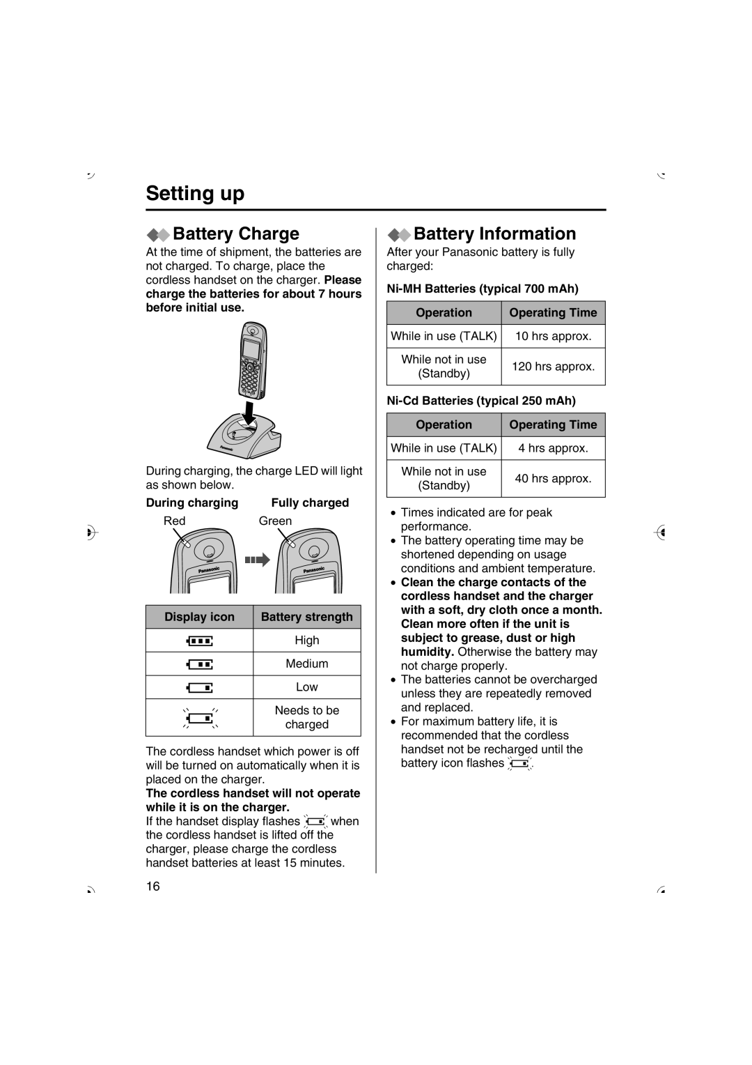 Panasonic KX-TCD535HK operating instructions Battery Charge, Battery Information 