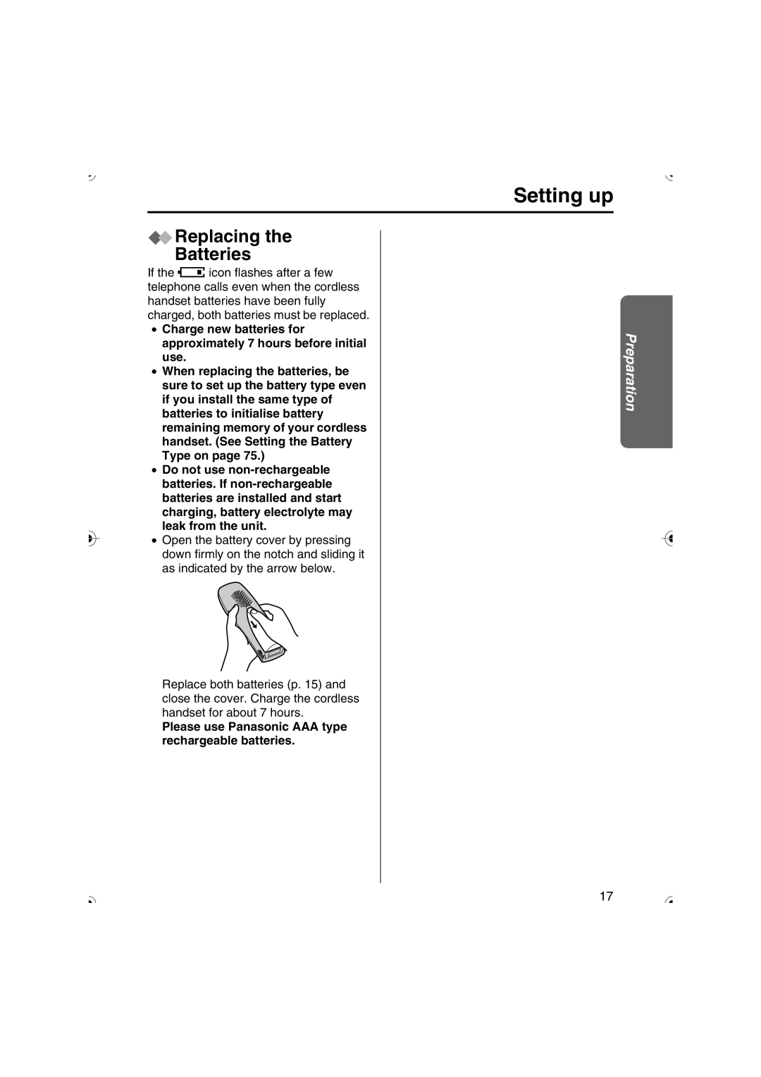 Panasonic KX-TCD535HK operating instructions Replacing Batteries, Please use Panasonic AAA type rechargeable batteries 