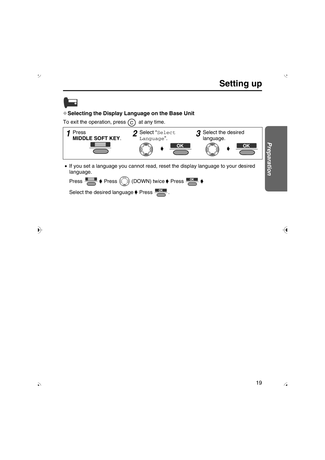 Panasonic KX-TCD535HK operating instructions Selecting the Display Language on the Base Unit, Middle Soft KEY 