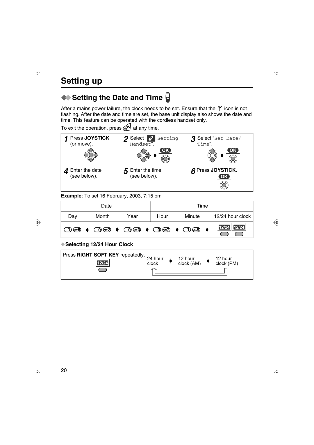 Panasonic KX-TCD535HK operating instructions Setting the Date and Time, Selecting 12/24 Hour Clock Press Right Soft 