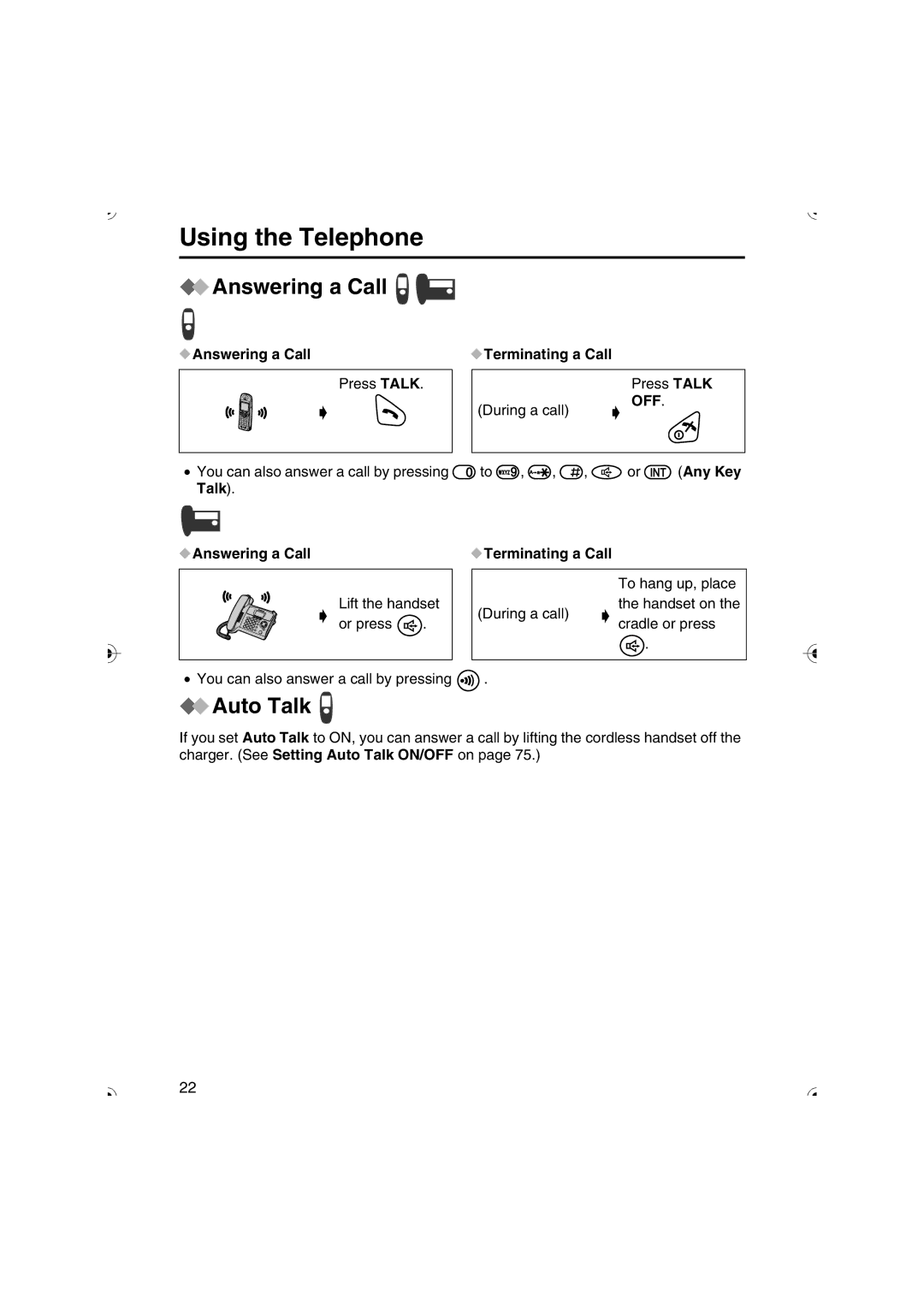 Panasonic KX-TCD535HK operating instructions Auto Talk, Answering a Call Terminating a Call 