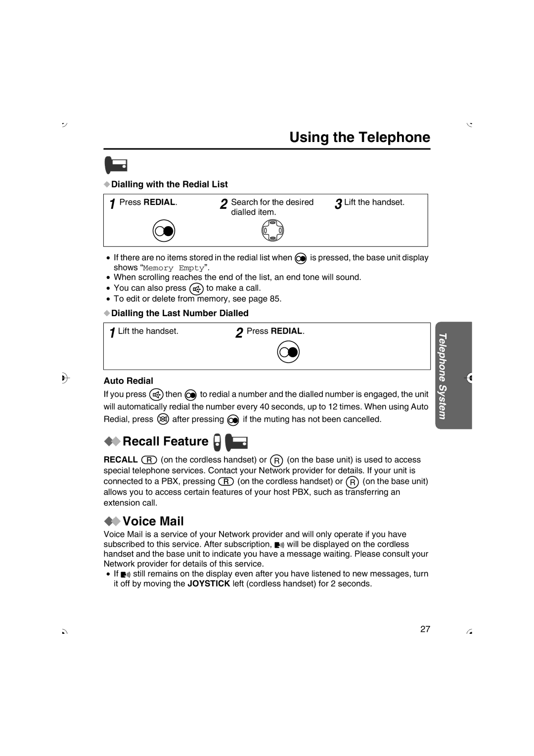 Panasonic KX-TCD535HK operating instructions Recall Feature, Voice Mail, Dialling with the Redial List 