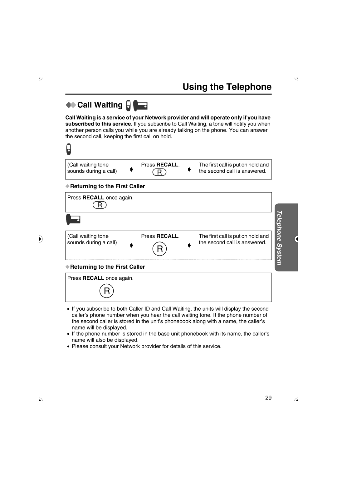 Panasonic KX-TCD535HK operating instructions Call Waiting, Returning to the First Caller 