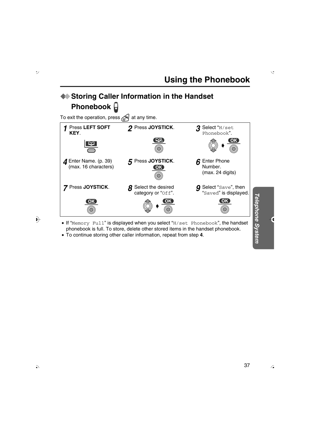 Panasonic KX-TCD535HK Storing Caller Information in the Handset Phonebook, Press Left Soft Press Joystick 