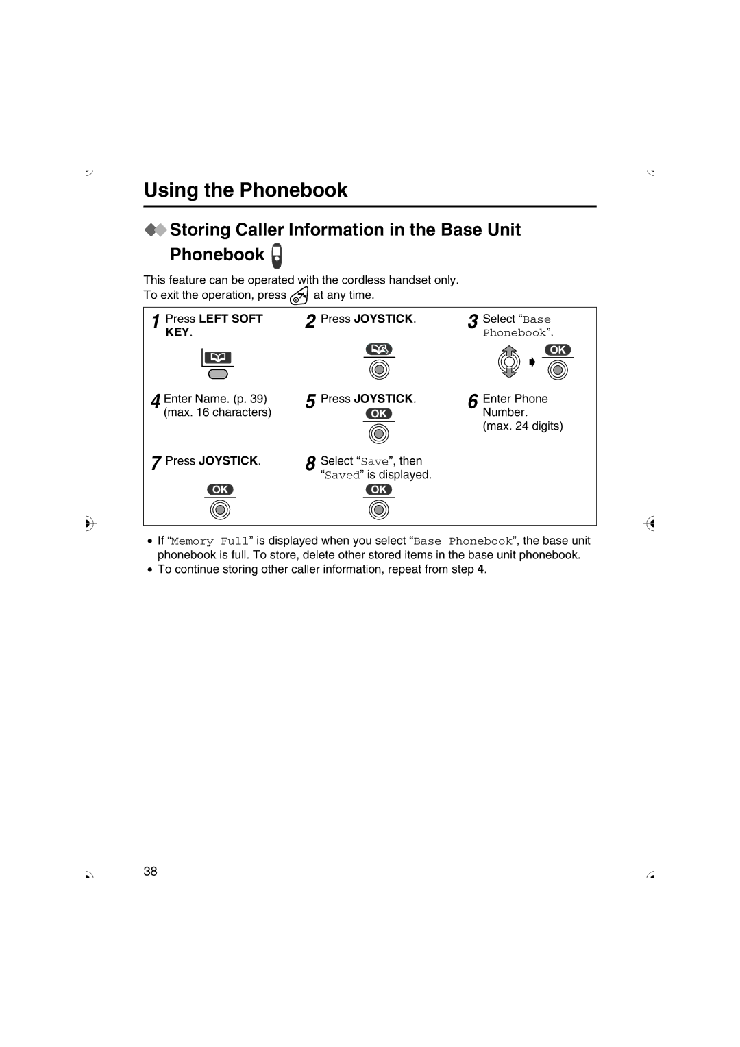 Panasonic KX-TCD535HK Storing Caller Information in the Base Unit Phonebook, Select Save, then Saved is displayed 