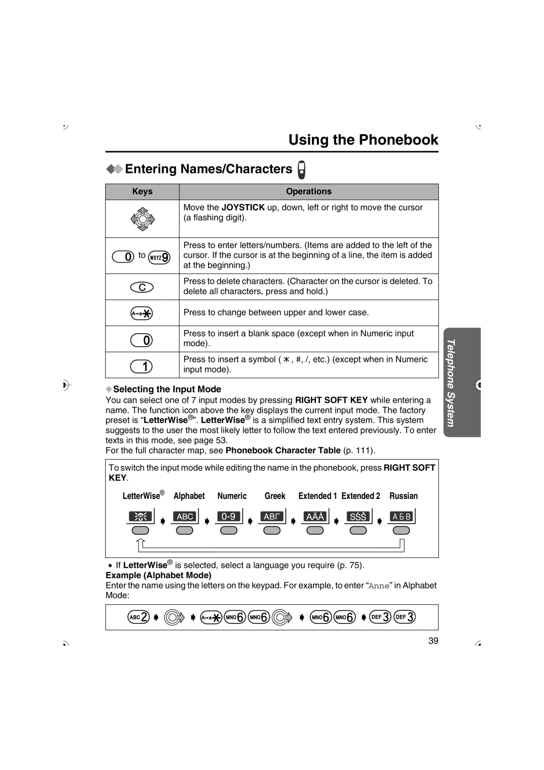 Panasonic KX-TCD535HK Entering Names/Characters, Keys Operations, Selecting the Input Mode, Numeric, Example Alphabet Mode 