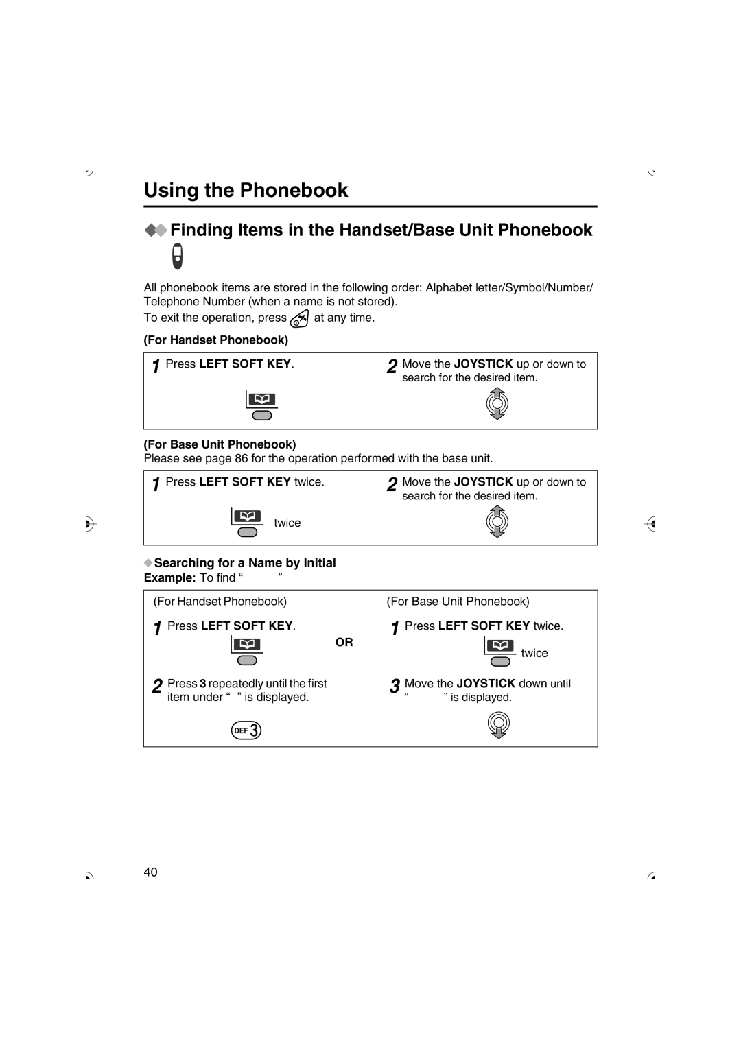 Panasonic KX-TCD535HK operating instructions Finding Items in the Handset/Base Unit Phonebook 