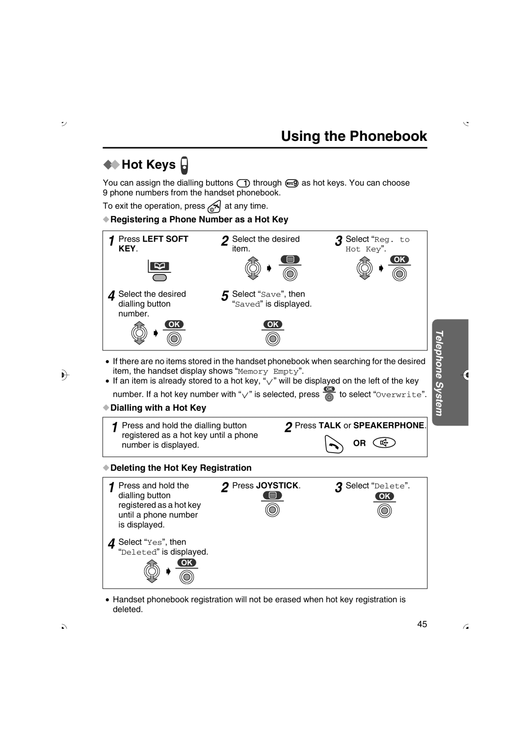 Panasonic KX-TCD535HK Hot Keys, Registering a Phone Number as a Hot Key Press Left Soft, Dialling with a Hot Key 