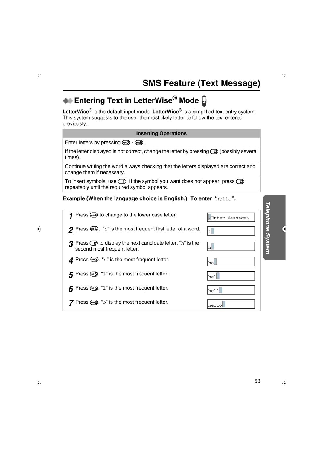 Panasonic KX-TCD535HK operating instructions Entering Text in LetterWise Mode, Inserting Operations 