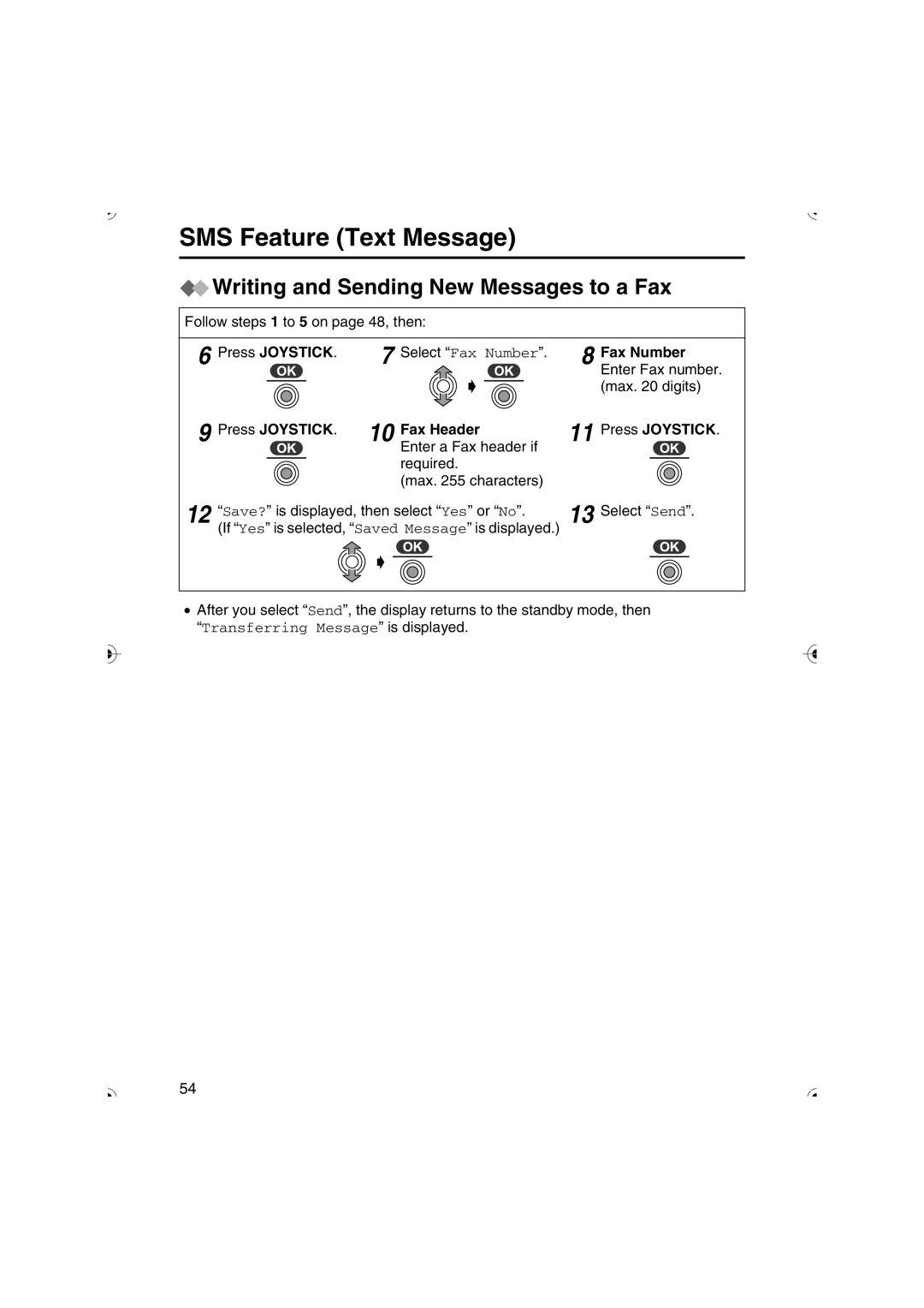 Panasonic KX-TCD535HK Writing and Sending New Messages to a Fax, Fax Number, Press Joystick Fax Header 