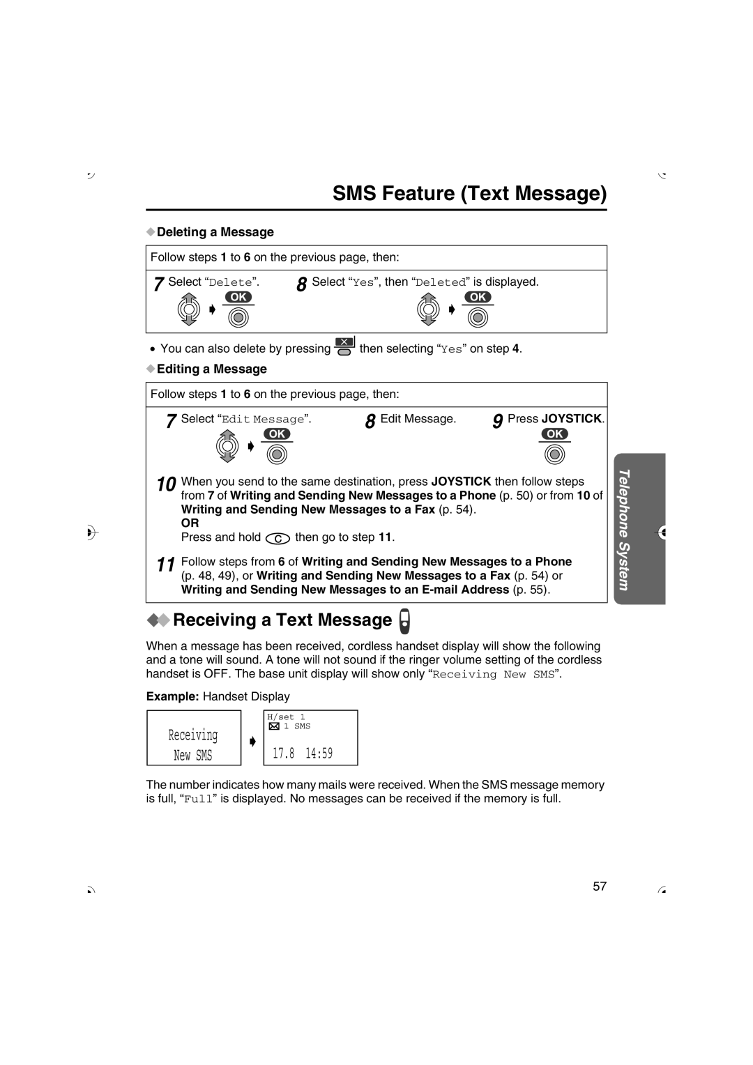 Panasonic KX-TCD535HK operating instructions Receiving a Text Message, Deleting a Message, Editing a Message 