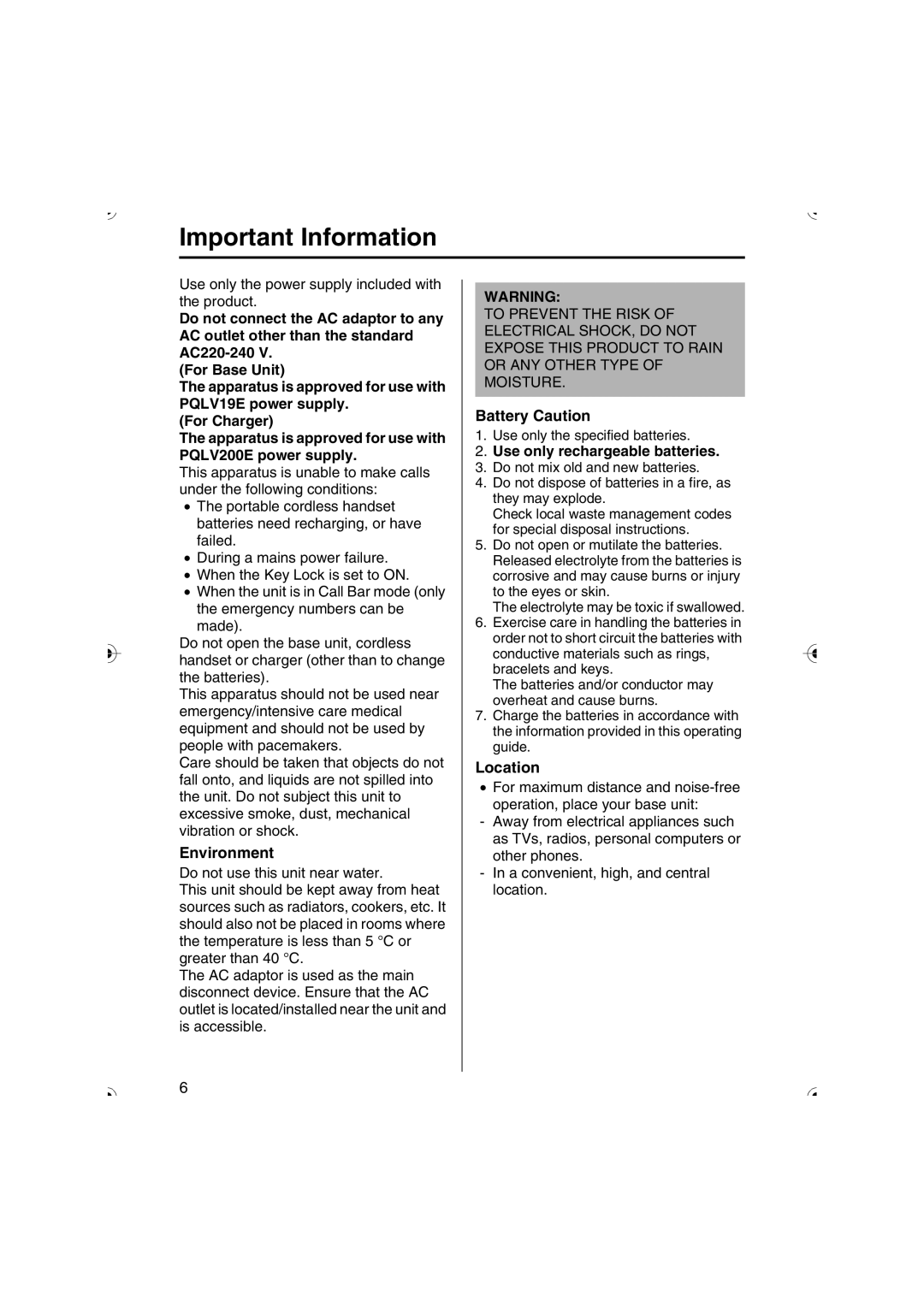 Panasonic KX-TCD535HK Important Information, Environment, Battery Caution, Use only rechargeable batteries, Location 