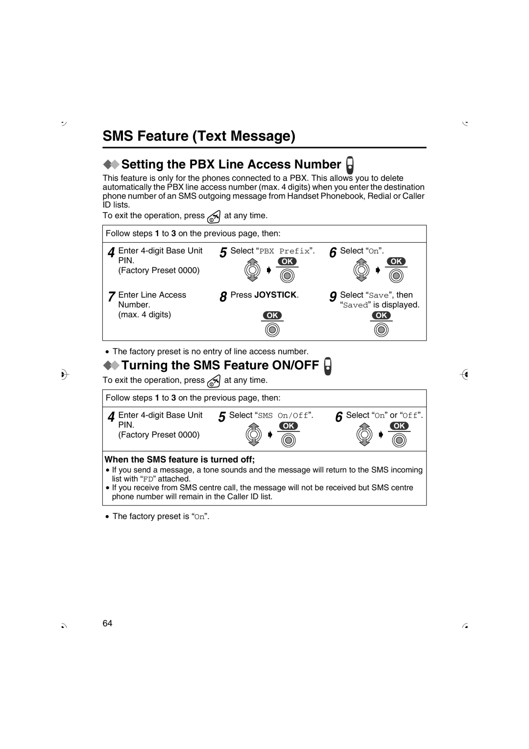 Panasonic KX-TCD535HK operating instructions Setting the PBX Line Access Number, Turning the SMS Feature ON/OFF 