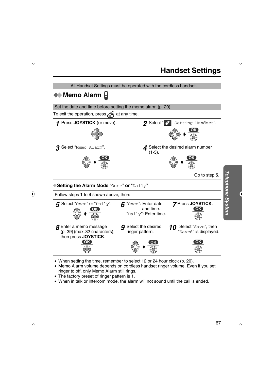 Panasonic KX-TCD535HK operating instructions Handset Settings, Memo Alarm, Setting the Alarm Mode Once or Daily 